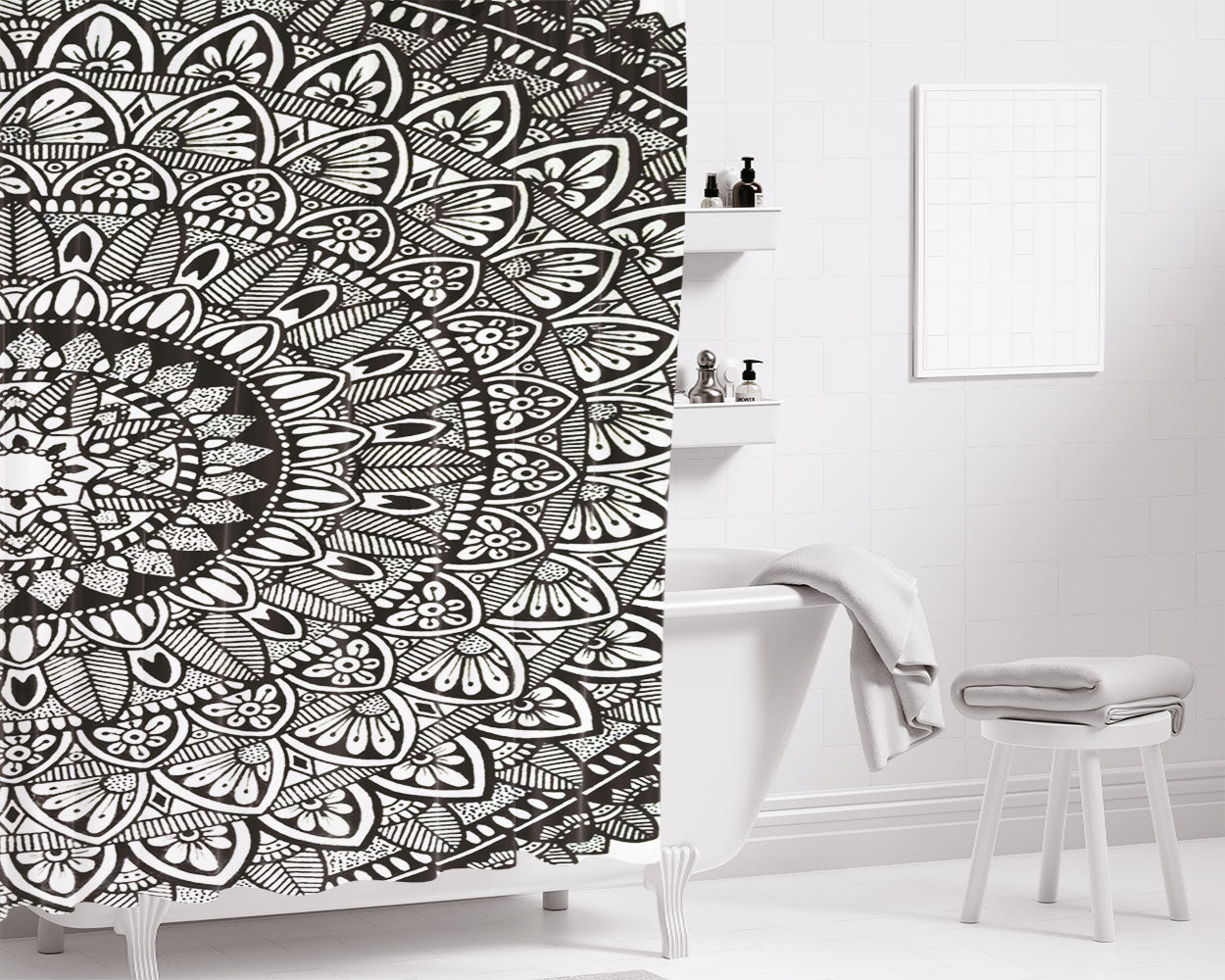 Black And White Hot Mandala Twilight Bathroom Shower Curtain Fabric Waterproof | 66 X 72 Inch