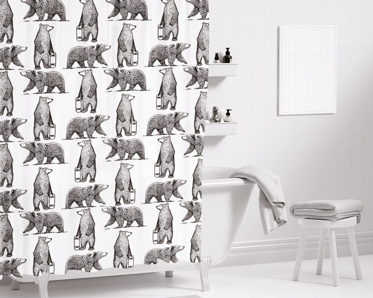 Black And White Skate Bear Illustrations Pattern Art Prints Bathroom Shower Curtain Fabric Waterproof | 66 X 72 Inch