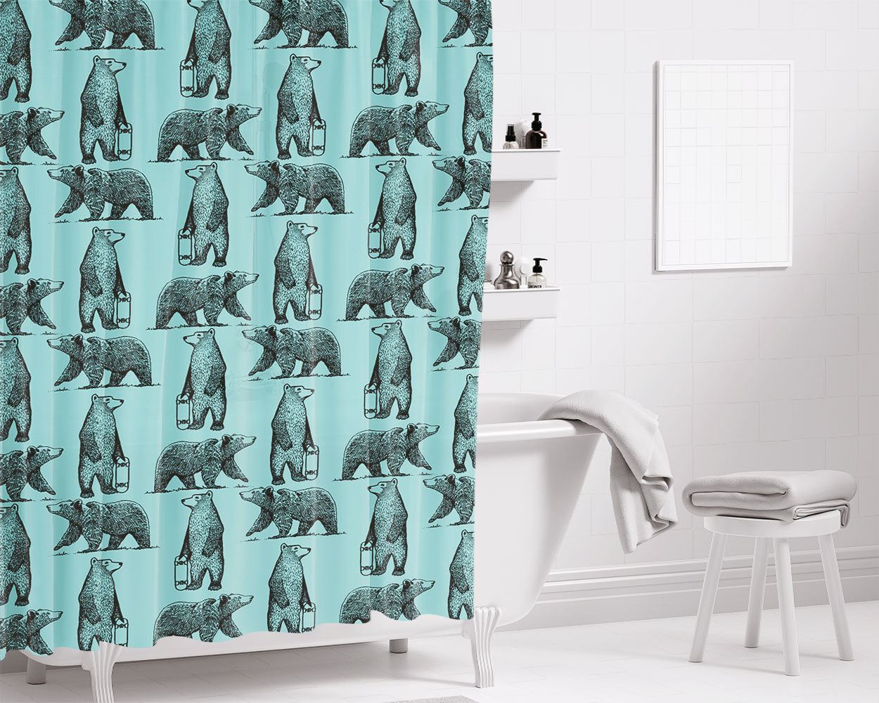Blue And Black Skate Bear Illustrations Pattern Art Prints Bathroom Shower Curtain Fabric Waterproof | 66 X 72 Inch
