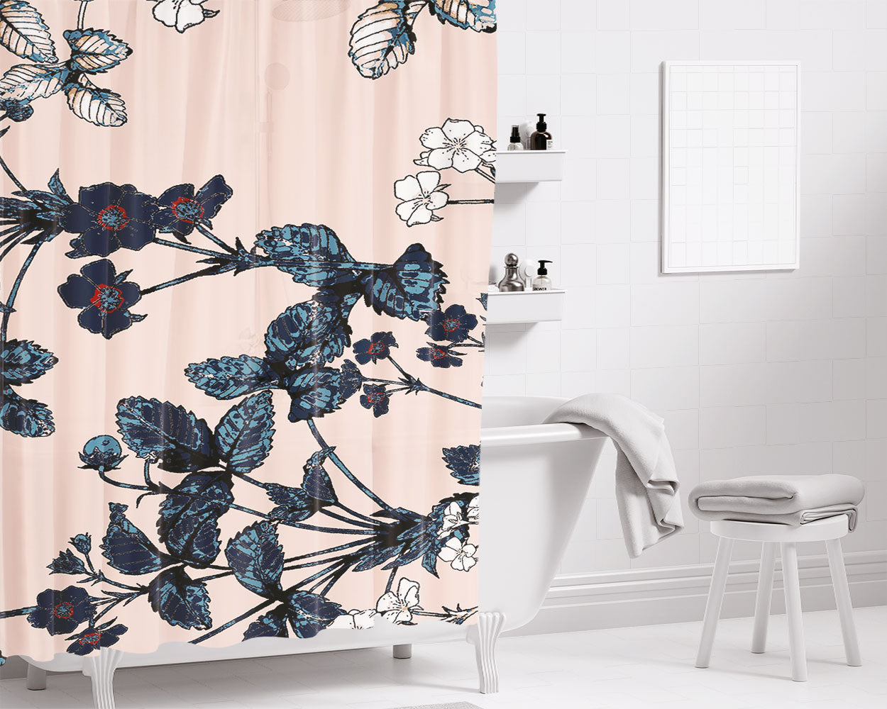 Blue Floral Wallpaper August Bathroom Shower Curtain Fabric Waterproof | 66 X 72 Inch