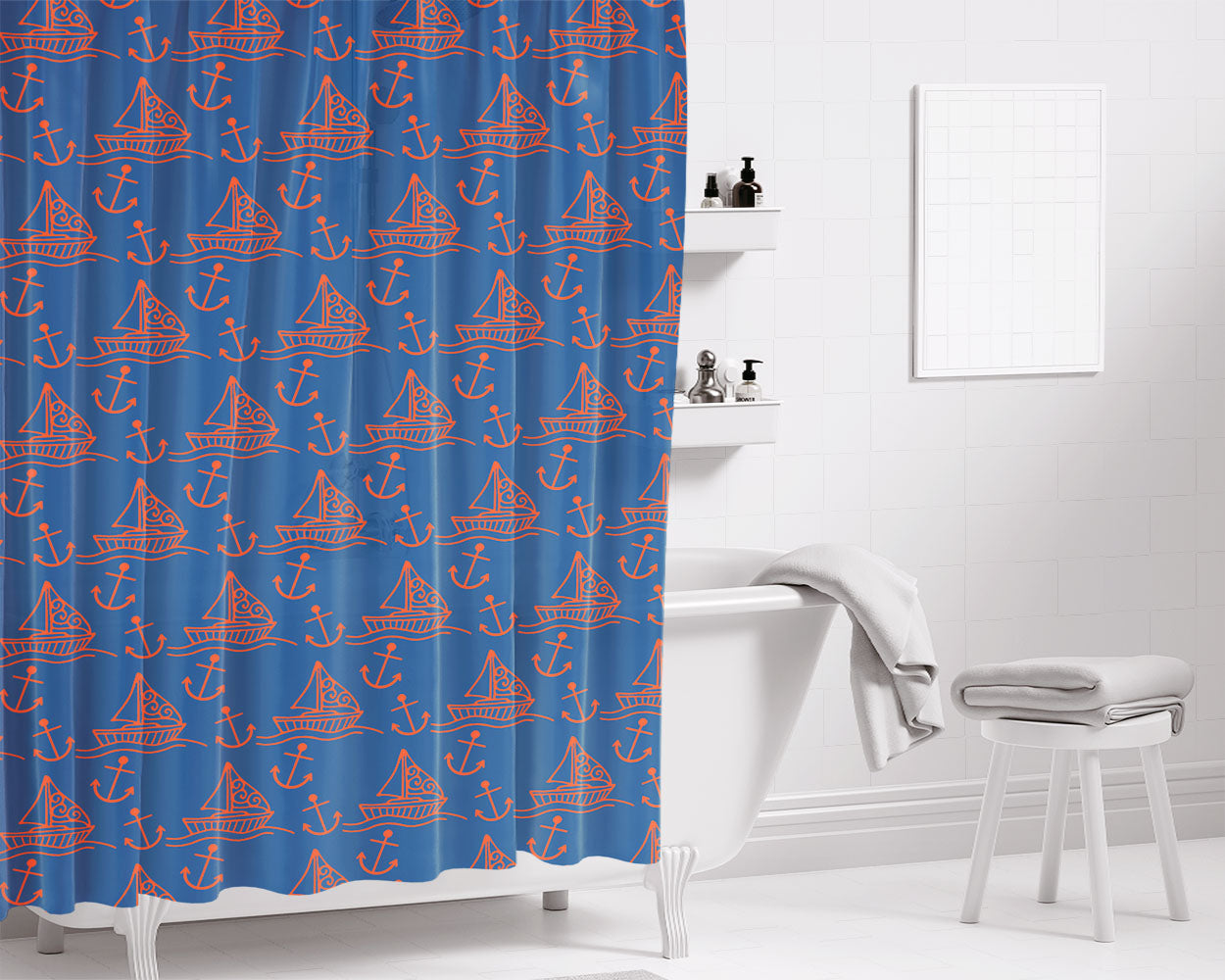 Blue Peach Sailor Ship Pattern Art Prints Bathroom Shower Curtain Fabric Waterproof | 66 X 72 Inch