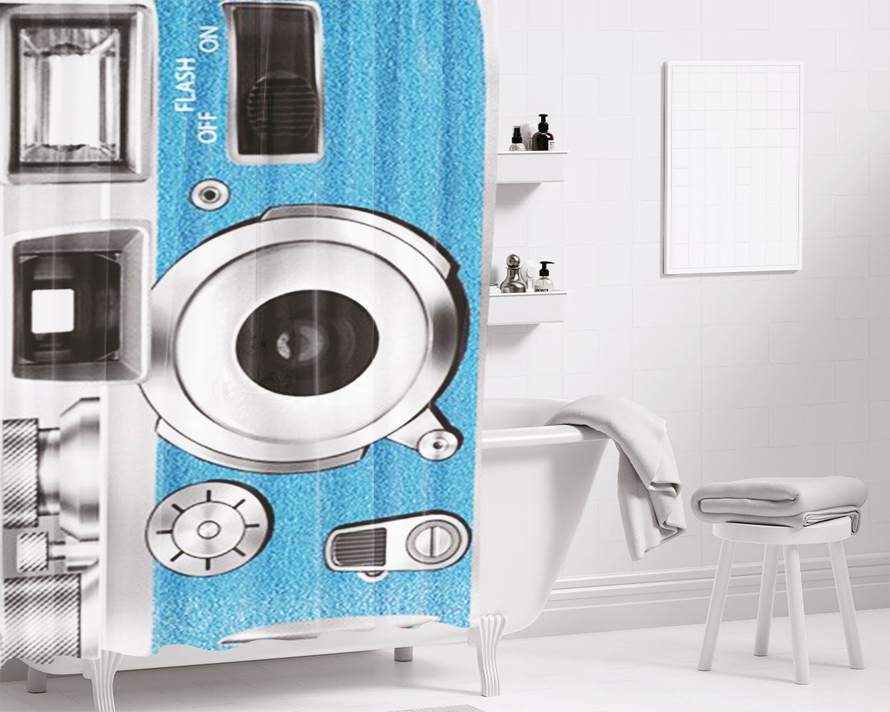 Blue Retro Camera Bathroom Shower Curtain Fabric Waterproof | 66 X 72 Inch