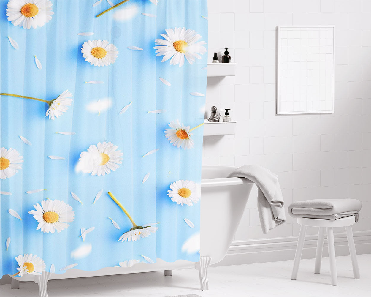 Blue Sunflower August Bathroom Shower Curtain Fabric Waterproof | 66 X 72 Inch