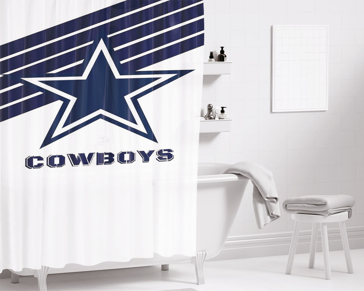 Blue White Cowboys Dallas Wallpaper Bathroom Shower Curtain Fabric Waterproof | 66 X 72 Inch