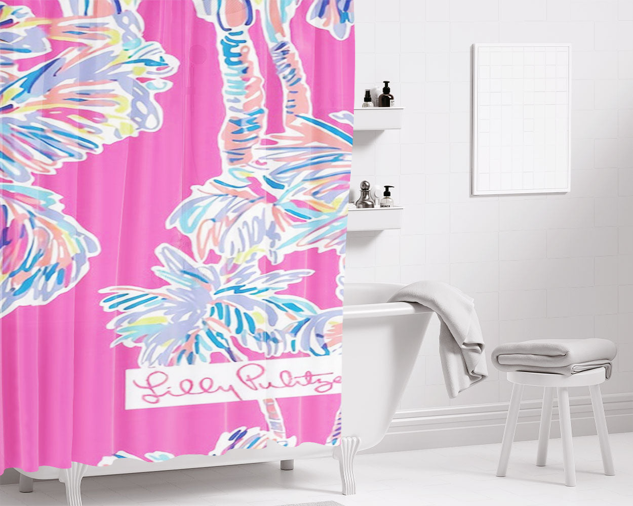 Lilly Pulitzer Palm Trees Bathroom Shower Curtain Fabric Waterproof | 66 X 72 Inch
