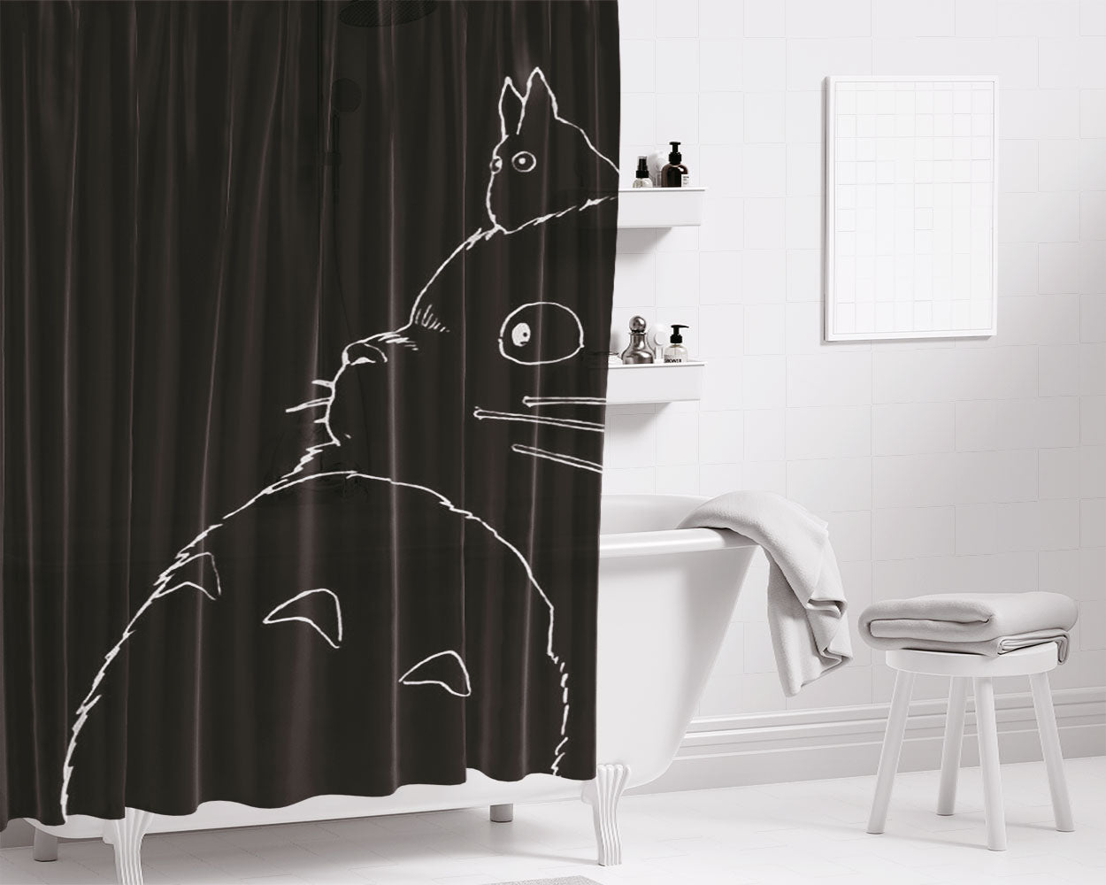Line Art Drawing On Black Background Bathroom Shower Curtain Fabric Waterproof | 66 X 72 Inch