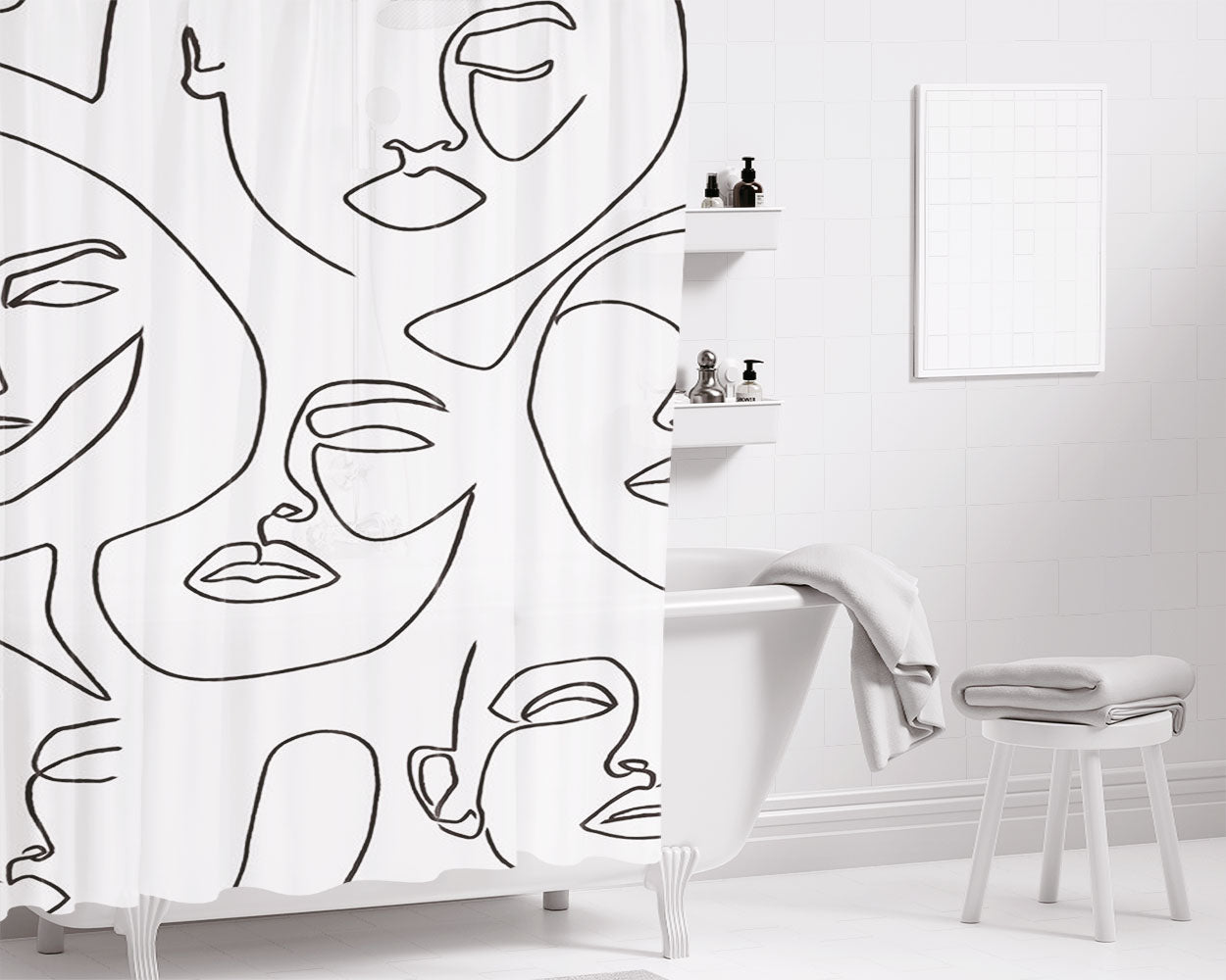 Line Face Art On White Bathroom Shower Curtain Fabric Waterproof | 66 X 72 Inch