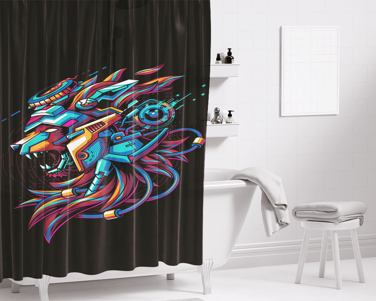Lion Droid Robotic Bathroom Shower Curtain Fabric Waterproof | 66 X 72 Inch