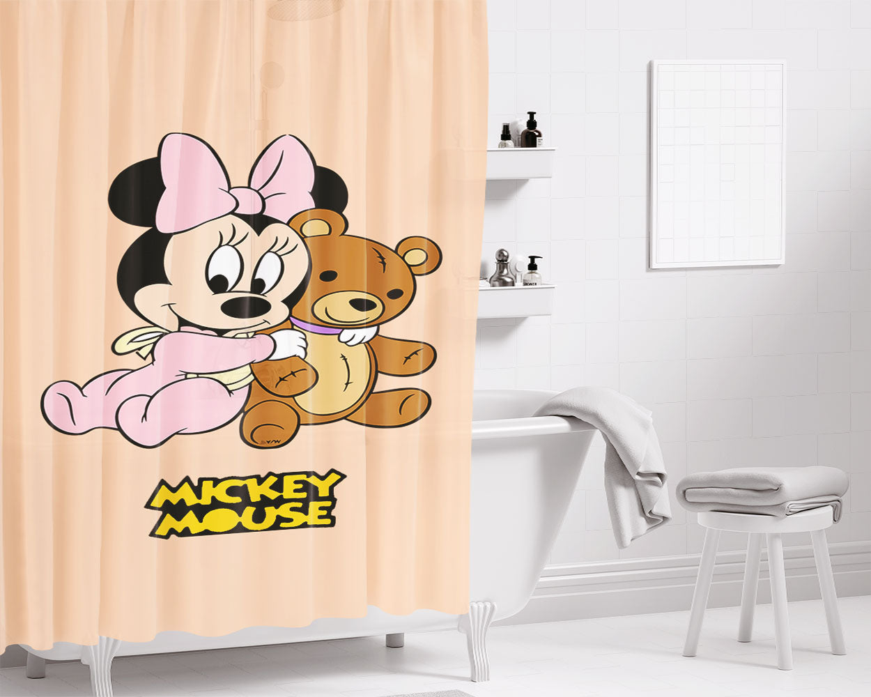 Little Minnie With Bear Bathroom Shower Curtain Fabric Waterproof | 66 X 72 Inch