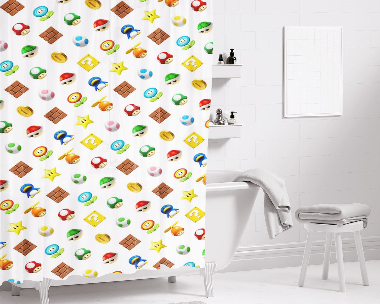 Mario Bros Game Platform Pattern Bathroom Shower Curtain Fabric Waterproof | 66 X 72 Inch