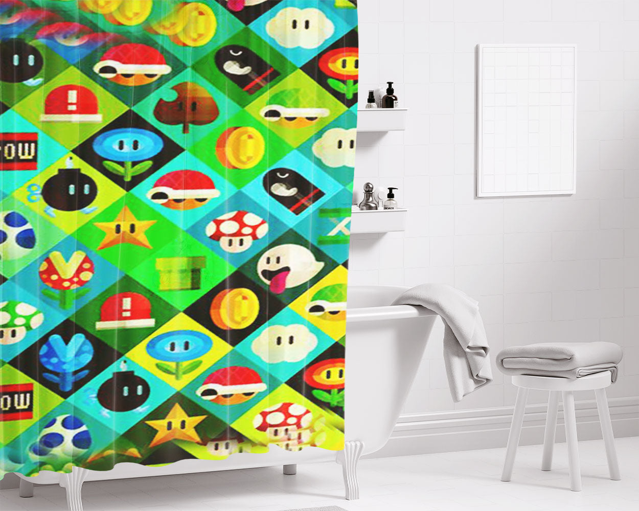 Mario Bros Icons Bathroom Shower Curtain Fabric Waterproof | 66 X 72 Inch