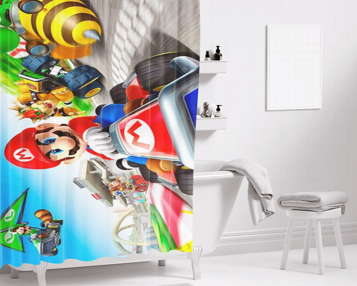 Mario Kart Tour Race Bathroom Shower Curtain Fabric Waterproof | 66 X 72 Inch