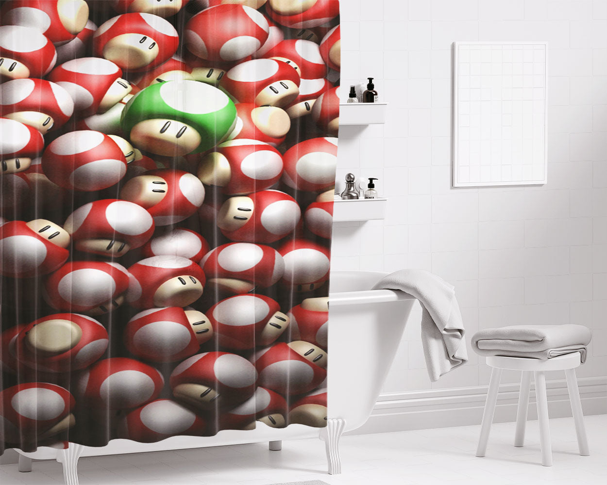 Mario Wallpaper Mushrooms Red Green Bathroom Shower Curtain Fabric Waterproof | 66 X 72 Inch