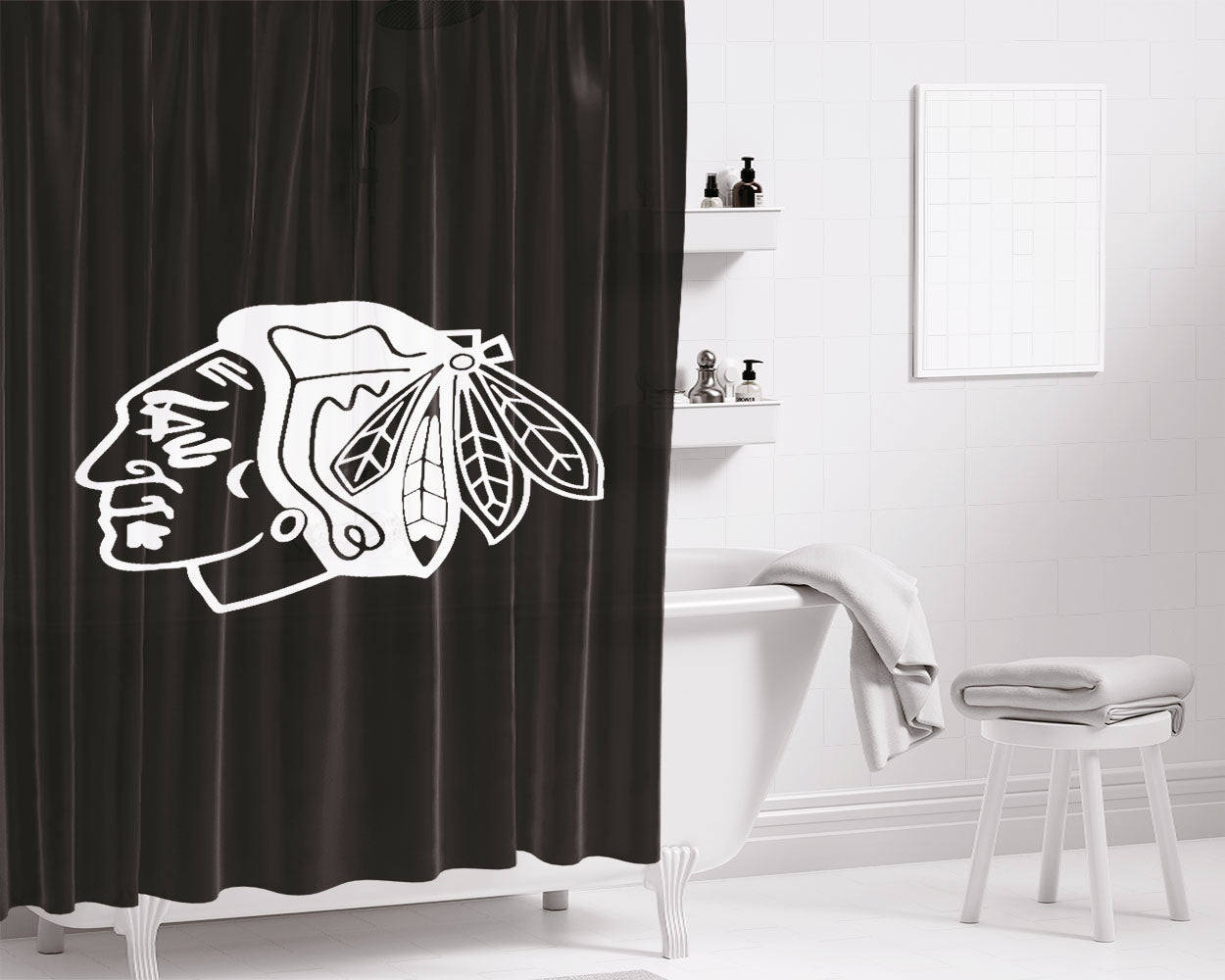 White Black Chicago Blackhawks Logo Copy Bathroom Shower Curtain Fabric Waterproof | 66 X 72 Inch