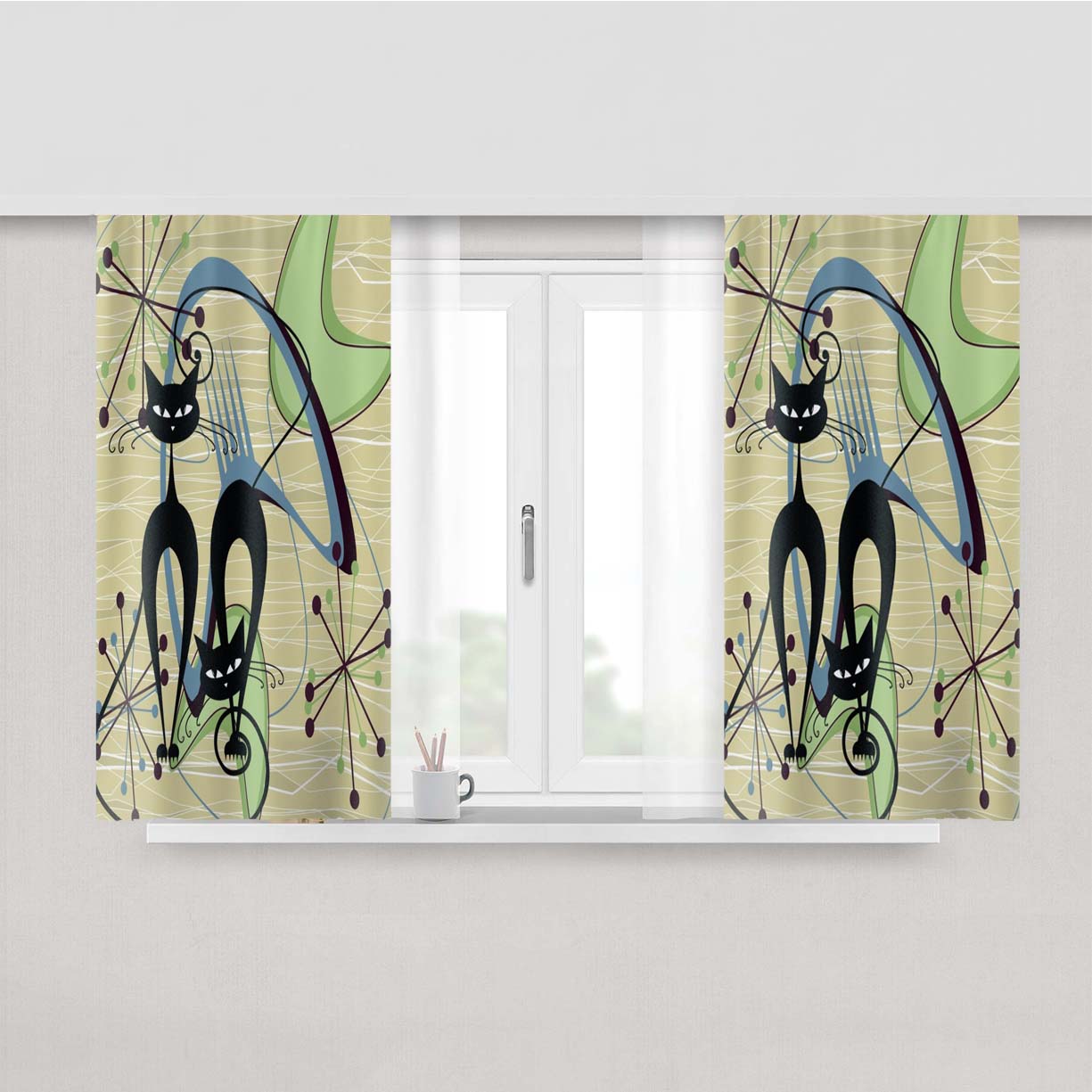 50S Retro Vintage Mid Mod Atomic Kitschy Cats Fabric Window Curtains