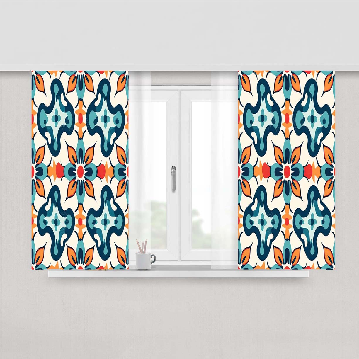 A Pattern With A Flower And Leaves. Fabric Window Curtains
