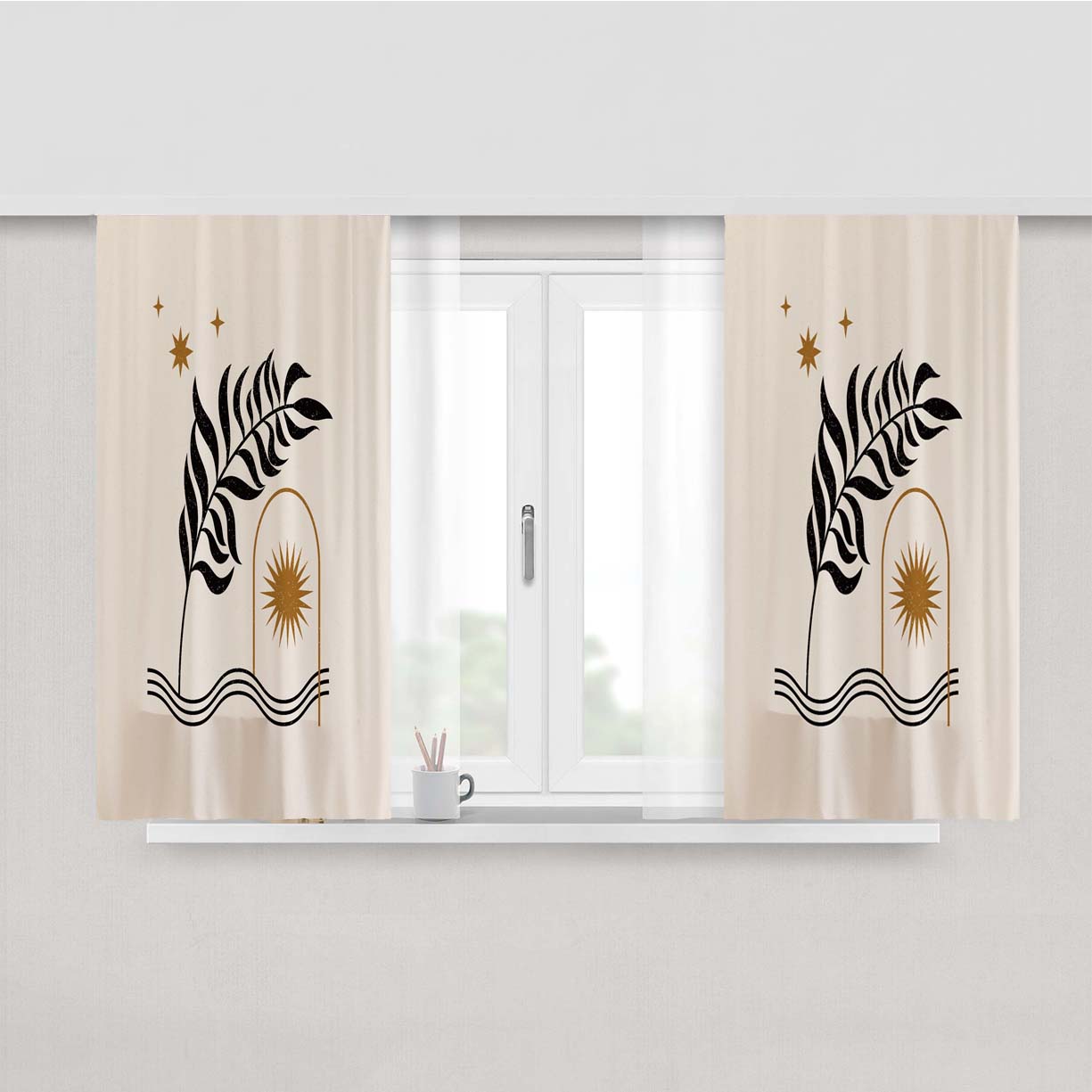 Aesthetic Leaves With Sun Fabric Window Curtains