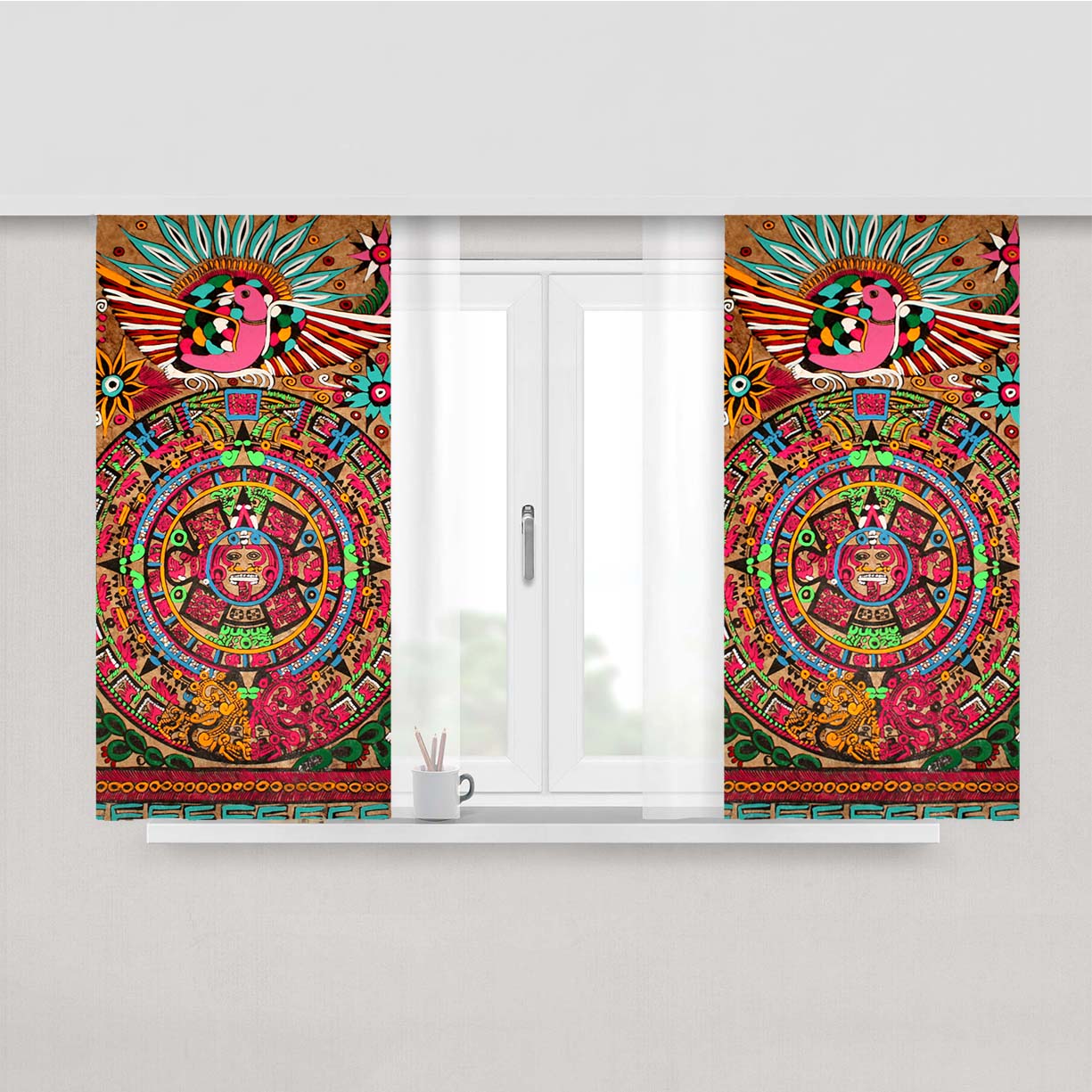 Aztec Calender Wood Texture Peach Skin Window Curtains