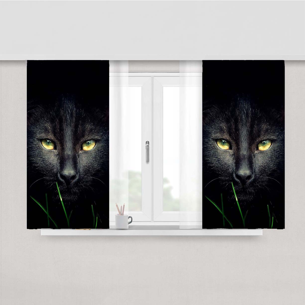 Black Cat Face Peach Skin Window Curtains