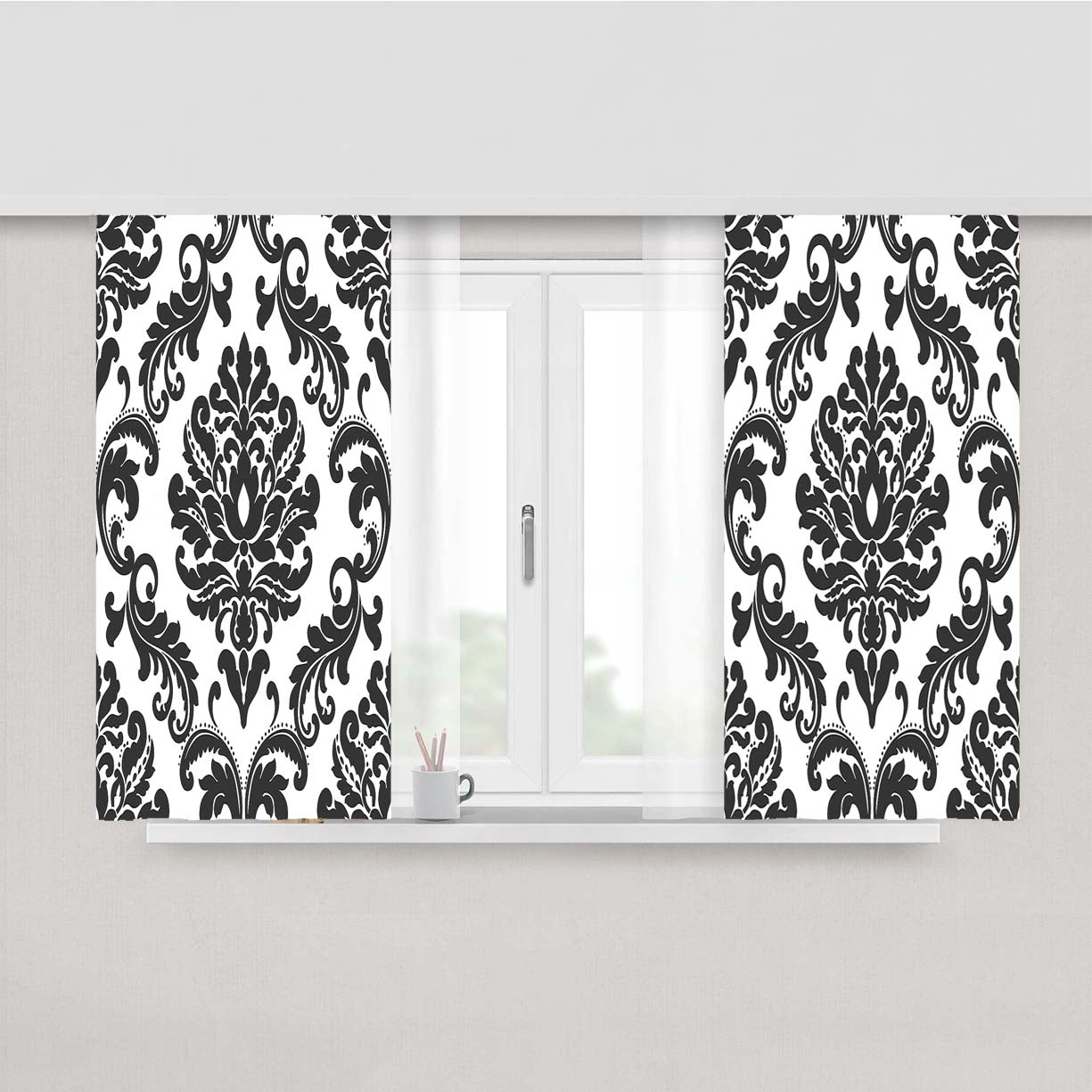 Black Damask Pattern Peach Skin Window Curtains