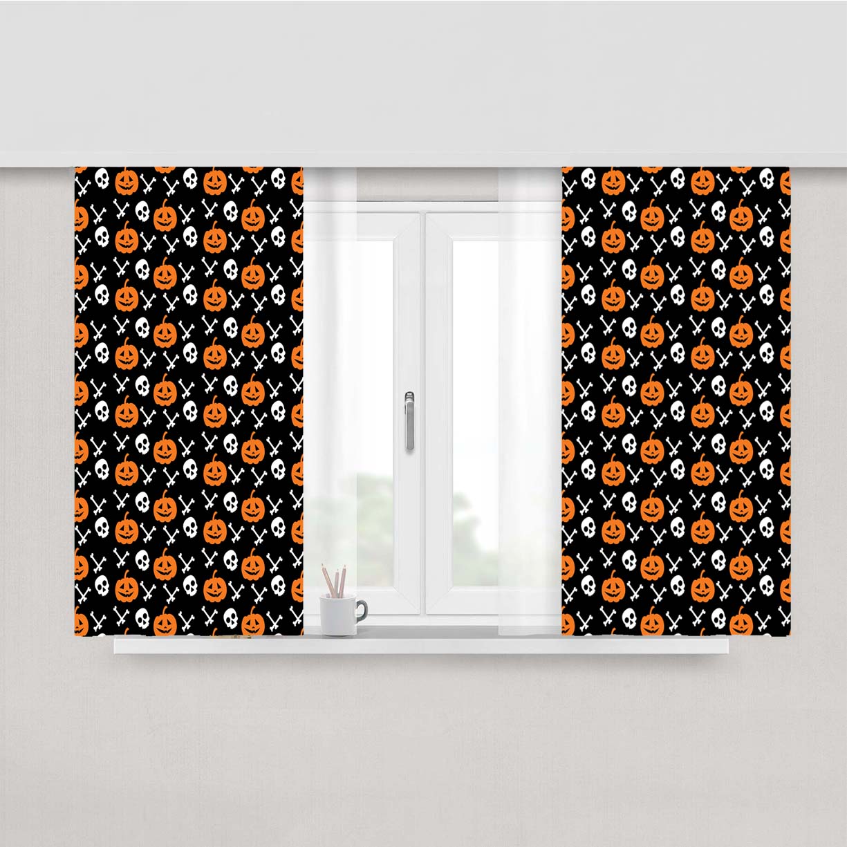 Black Pattern Pumpkins Bone And Head Skeleton Halloween Peach Skin Window Curtains