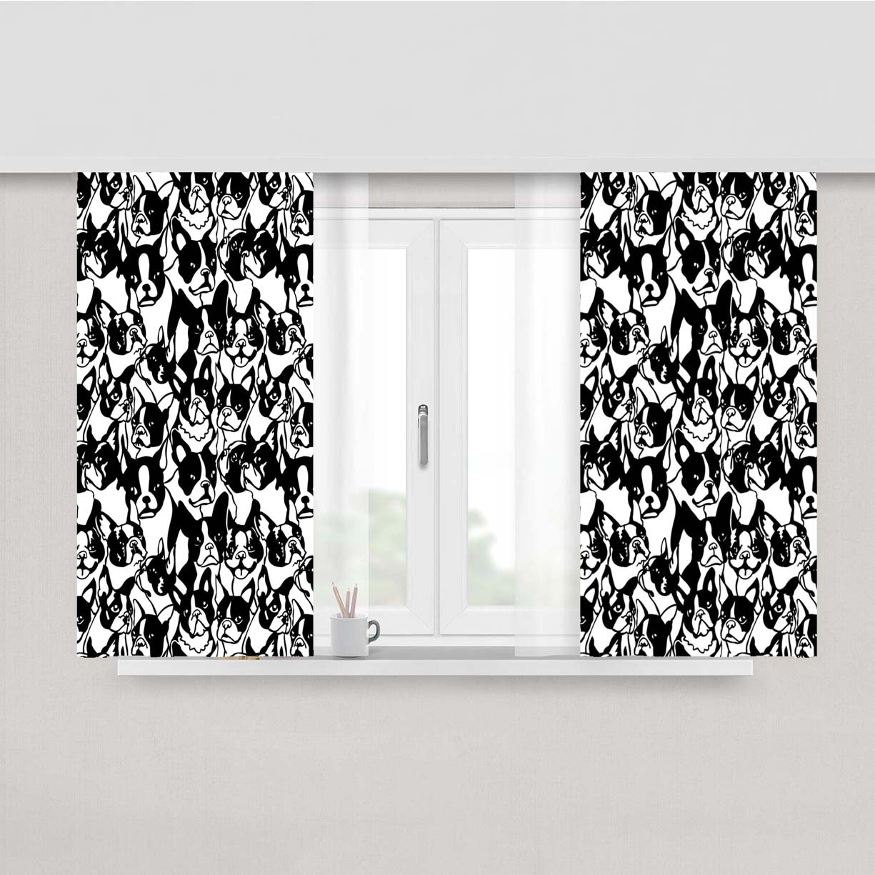 Black White Boston Terrier Pattern Peach Skin Window Curtains