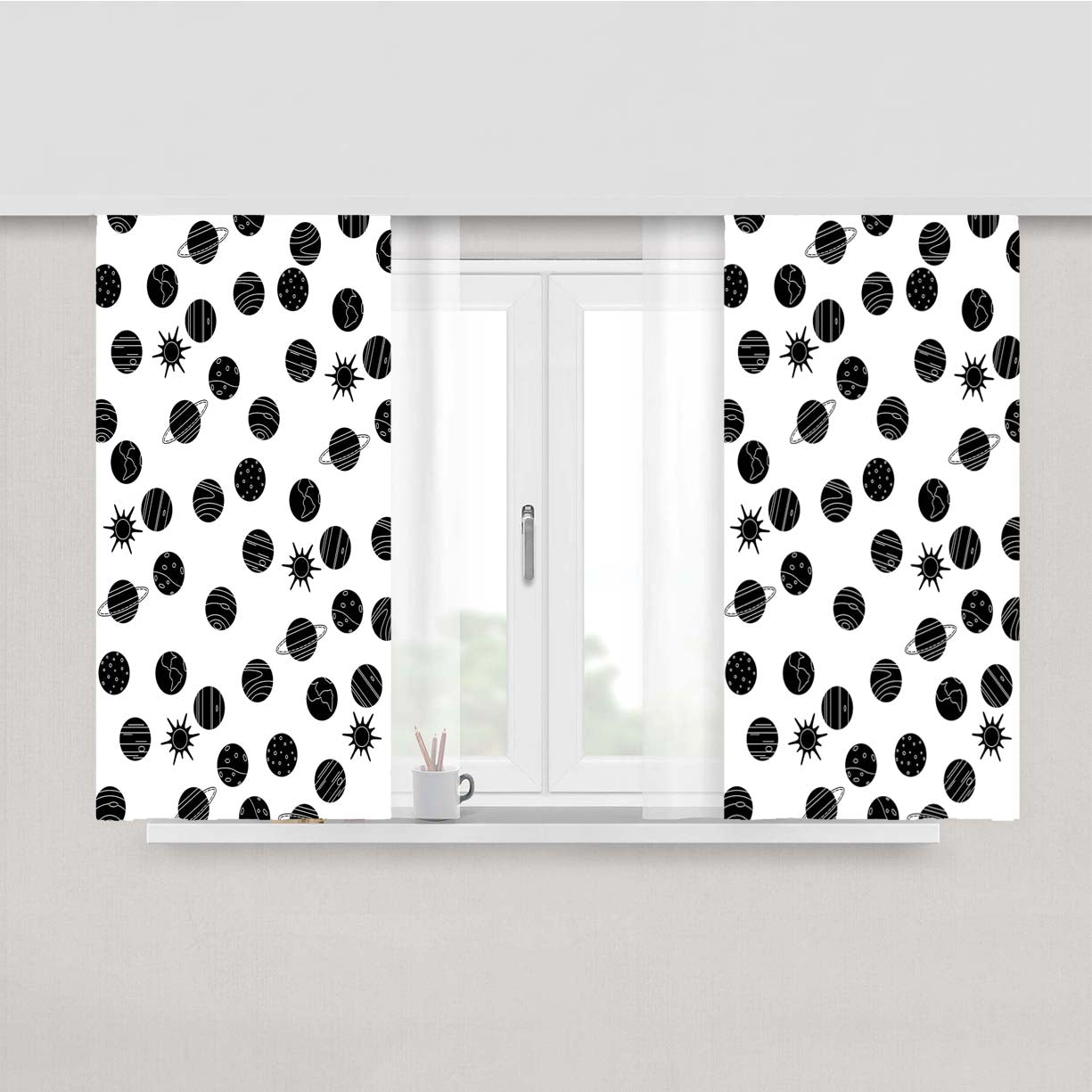 Black White Planet Pattern Doodle Art Peach Skin Window Curtains