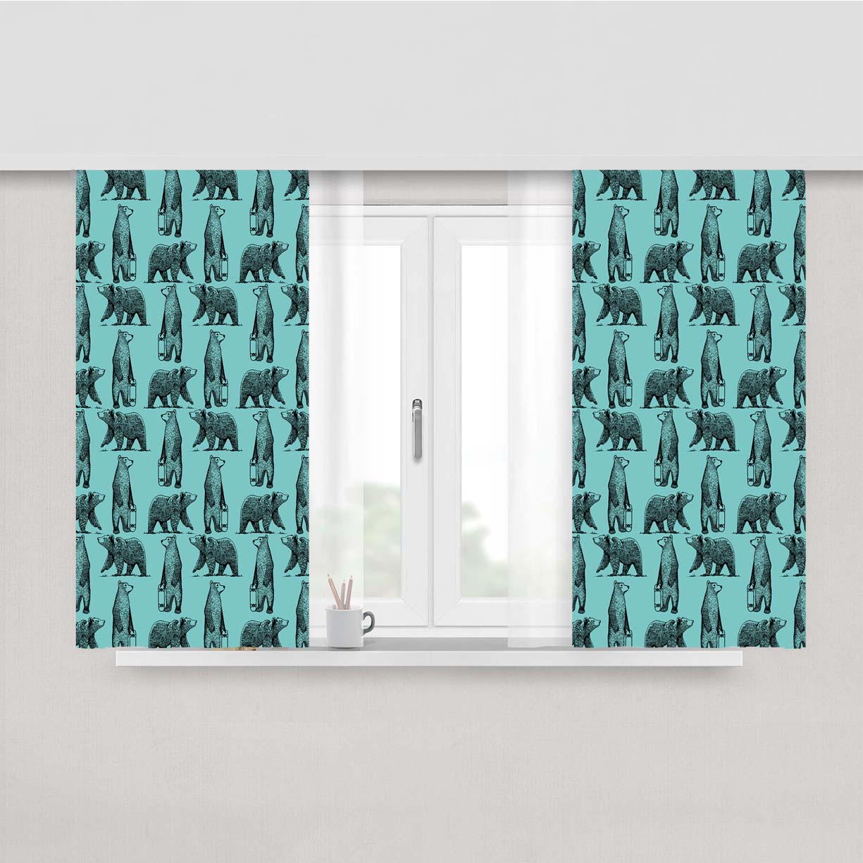 Blue And Black Skate Bear Illustrations Pattern Peach Skin Window Curtains