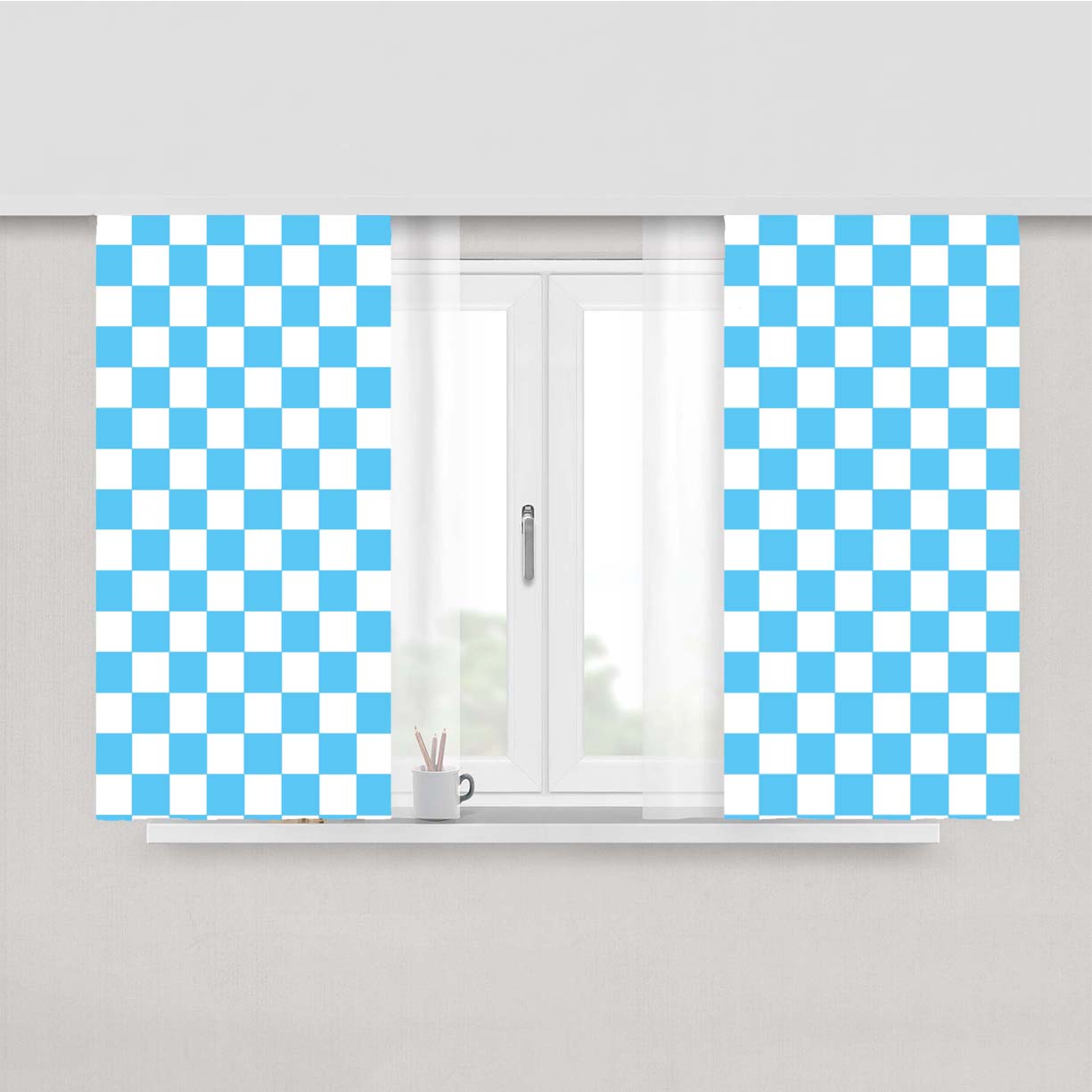 Blue Checkered Board Pattern Color Peach Skin Window Curtains
