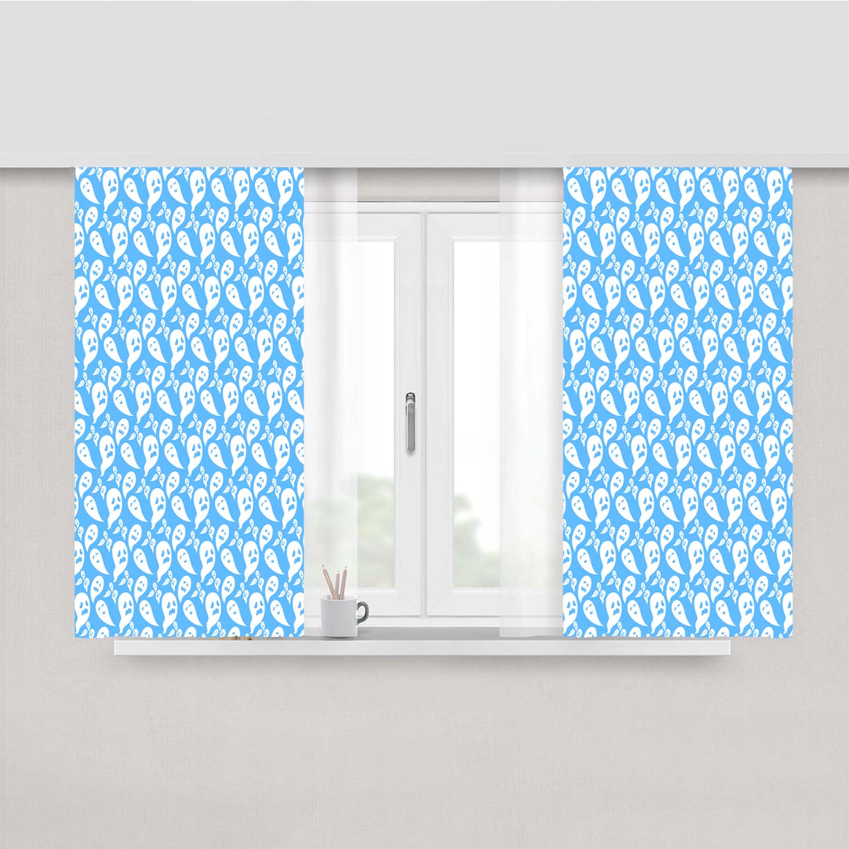 Blue Ghosts Pattern Halloween Peach Skin Window Curtains
