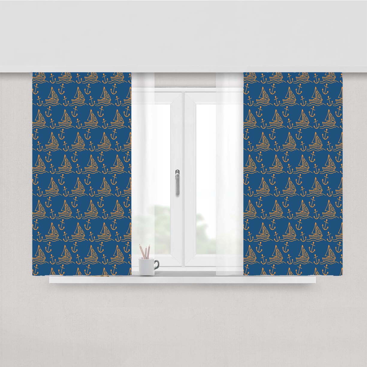 Blue Orange Sailor Ship Pattern Peach Skin Window Curtains