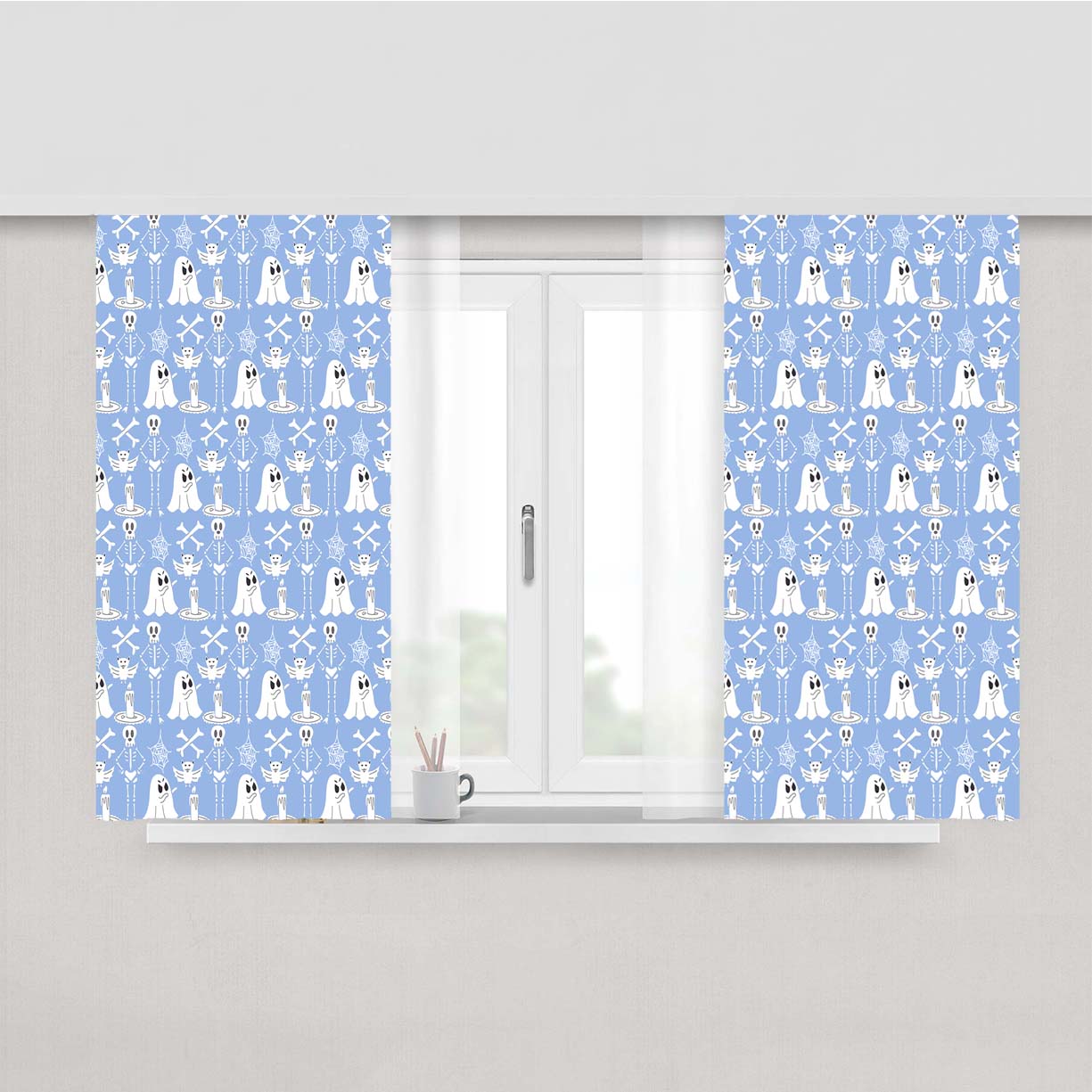 Blue Pattern Halloween Ghost Skeleton Peach Skin Window Curtains