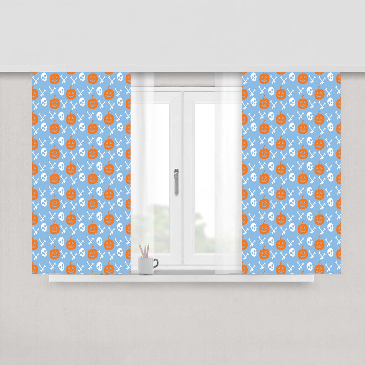 Blue Pattern Pumpkins Bone And Head Skeleton Halloween Peach Skin Window Curtains