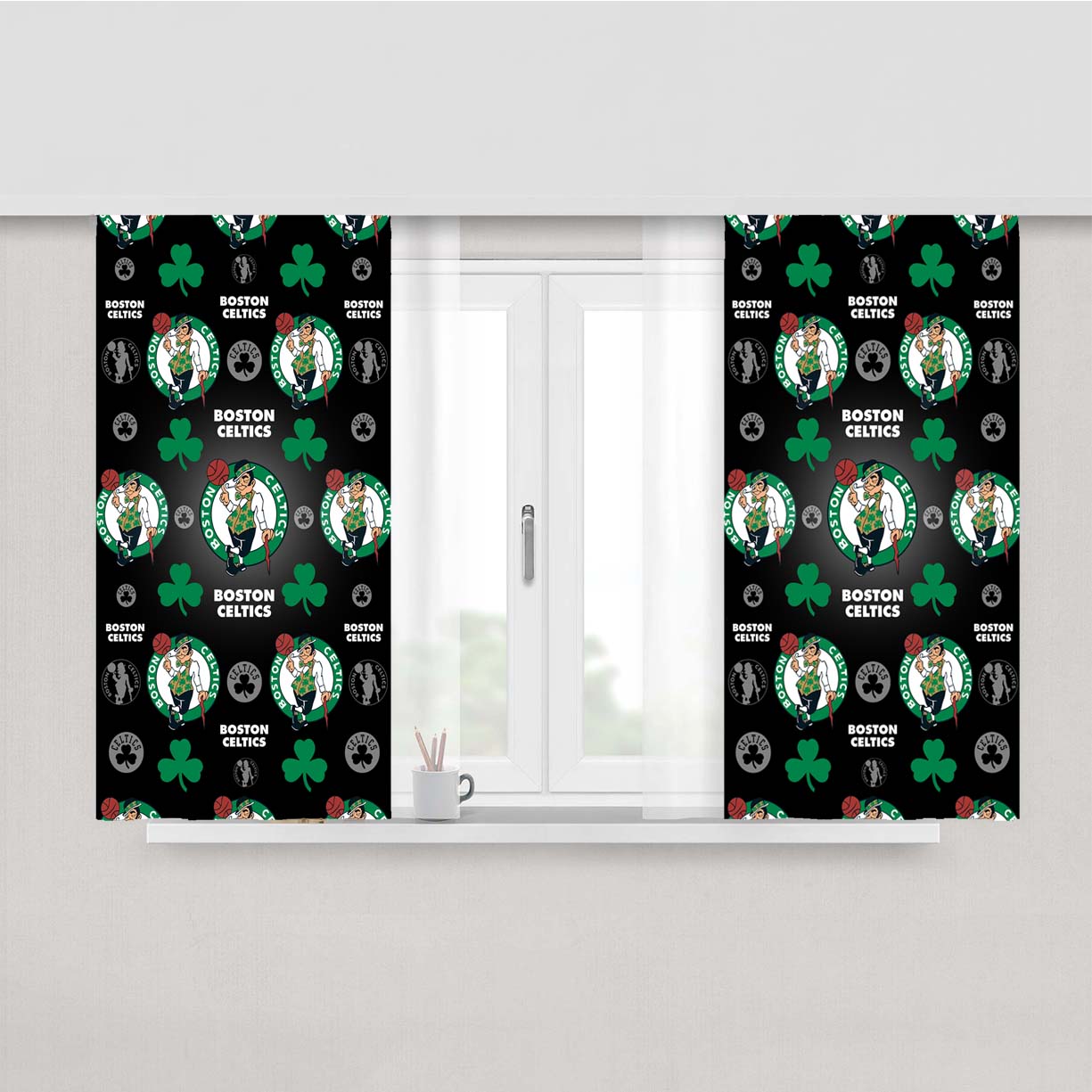 Boston Celtics Logo Pattern Black Peach Skin Window Curtains