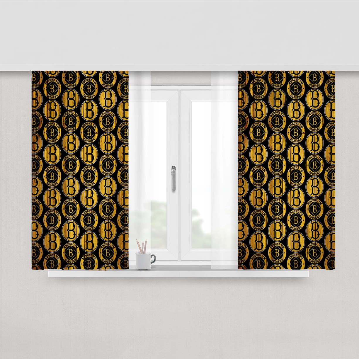 Brooklyn Nets New York Logo Dark Wood Pattern Peach Skin Window Curtains
