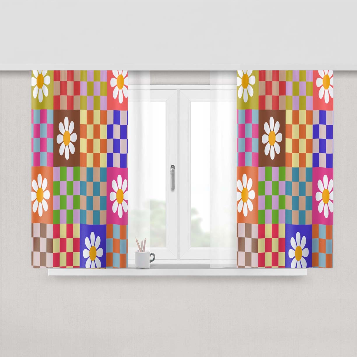 Checkered Floral Mid Century Peach Skin Window Curtains