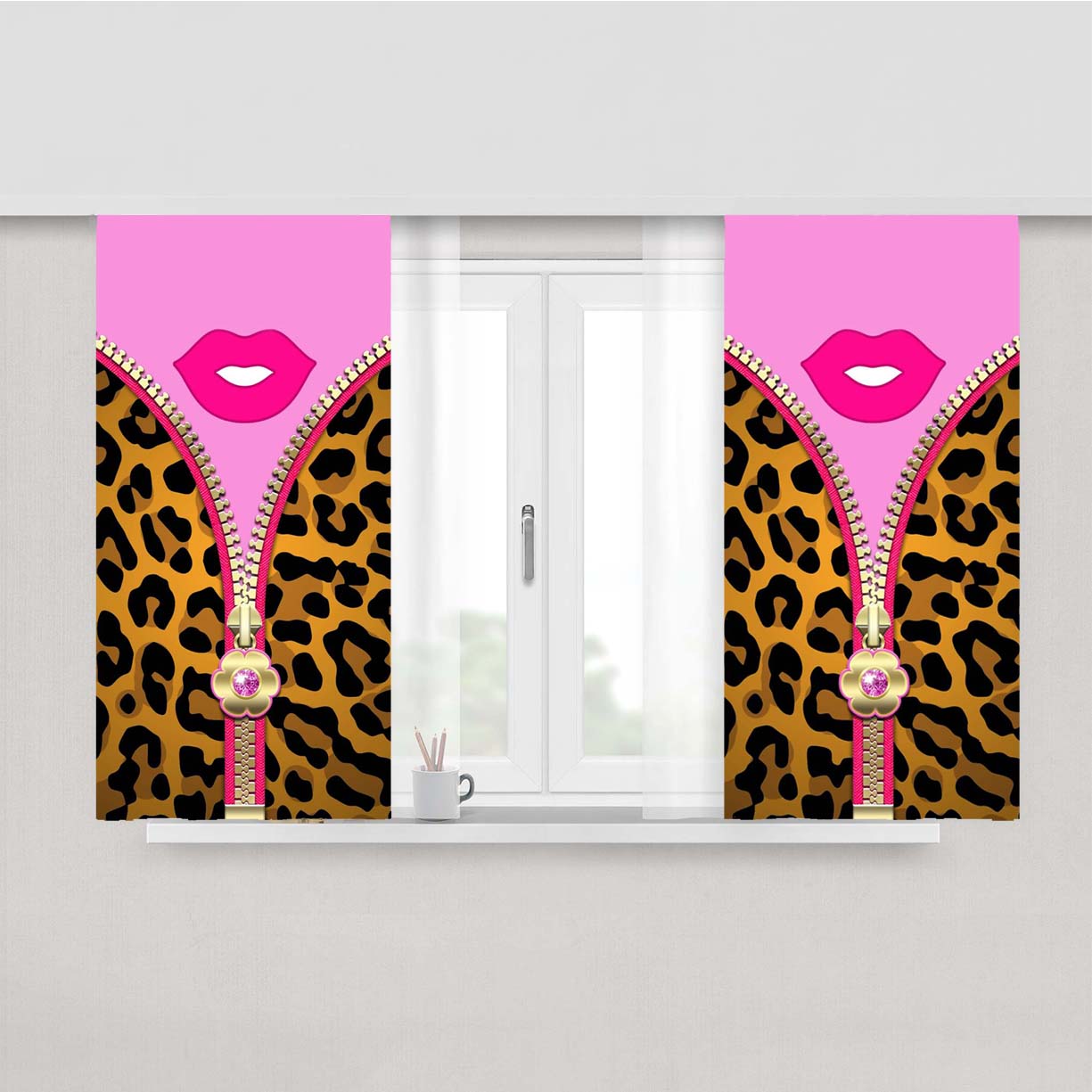 Cheetah Zipper Pattern And Lips Pink Peach Skin Window Curtains