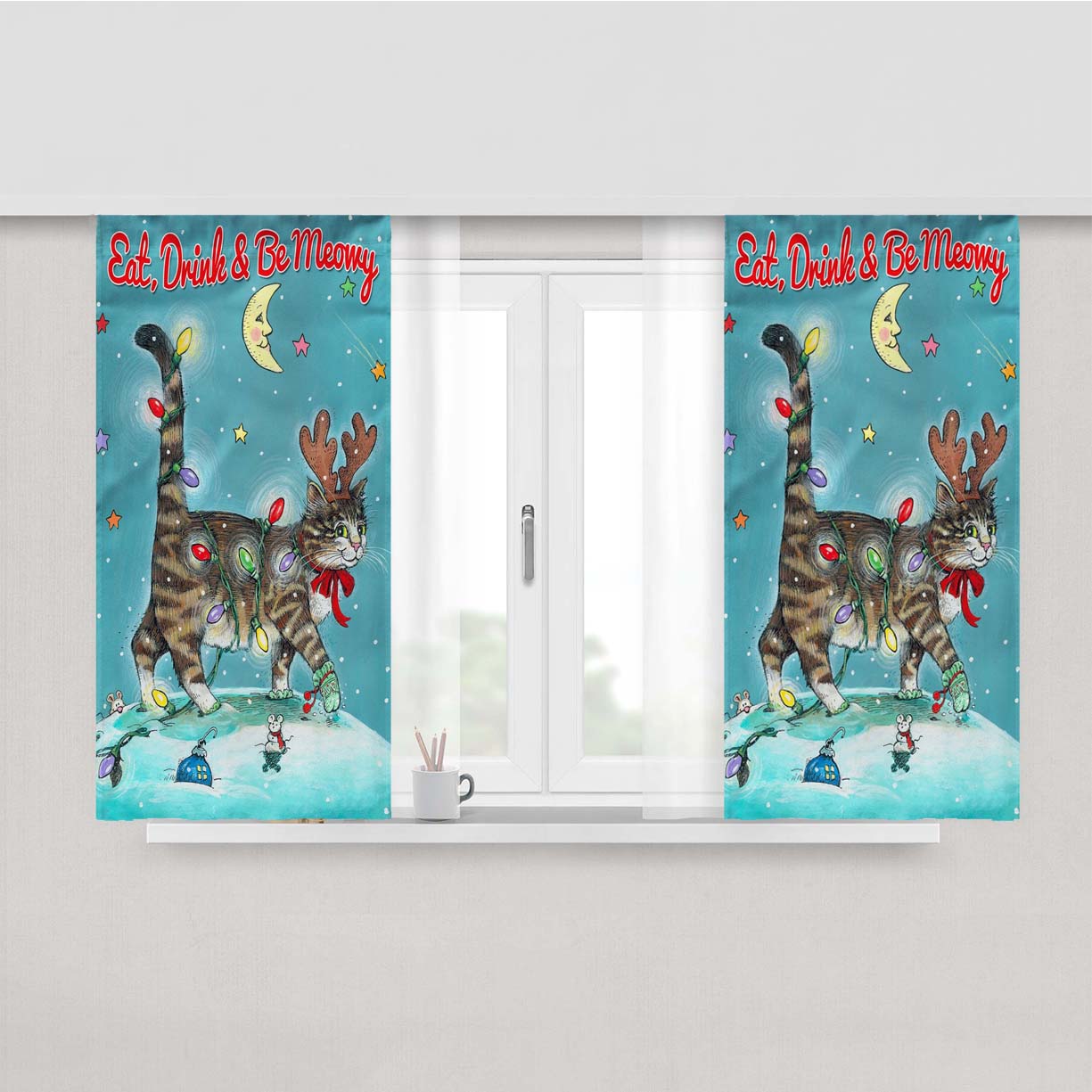 Christmas Cat Peach Skin Window Curtains