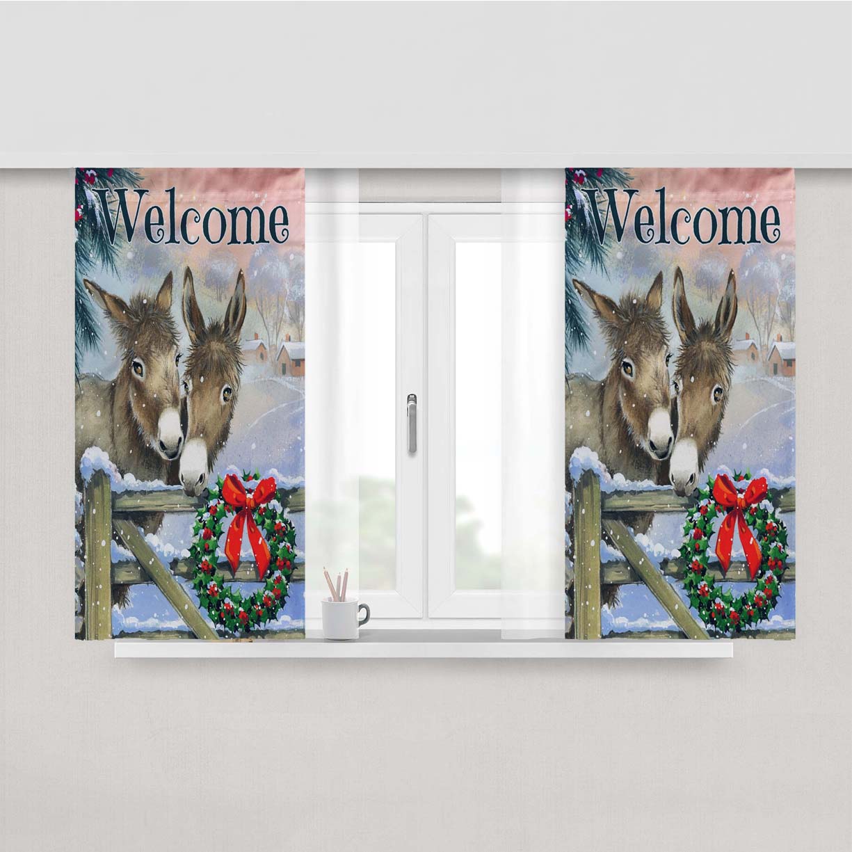 Christmas Farm Animals Donkeys Peach Skin Window Curtains