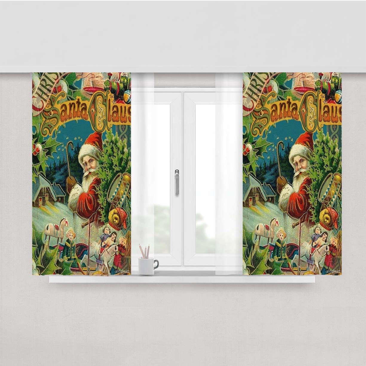 Christmas Santa Claus Victorian Antique Vintage Peach Skin Window Curtains