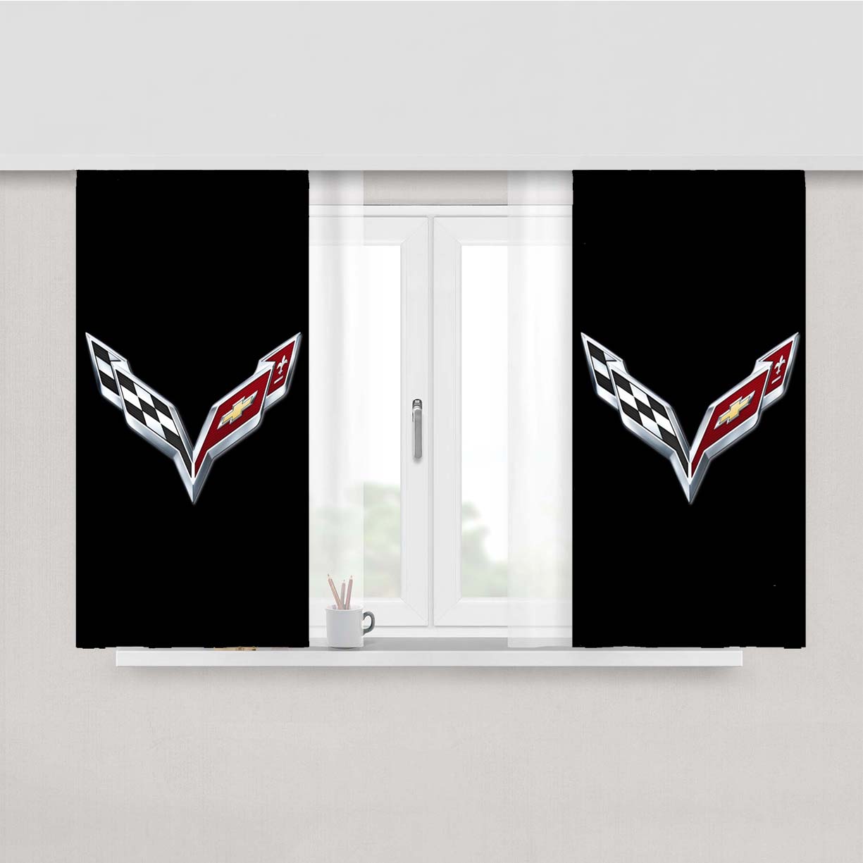 Corvette Emblem Black Logo Peach Skin Window Curtains
