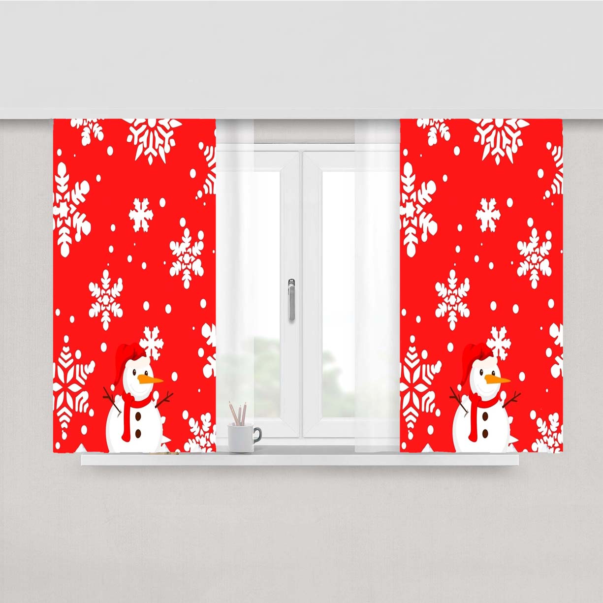 Cute Snowman Design For Christmas And Winter Peach Skin Window Curtains