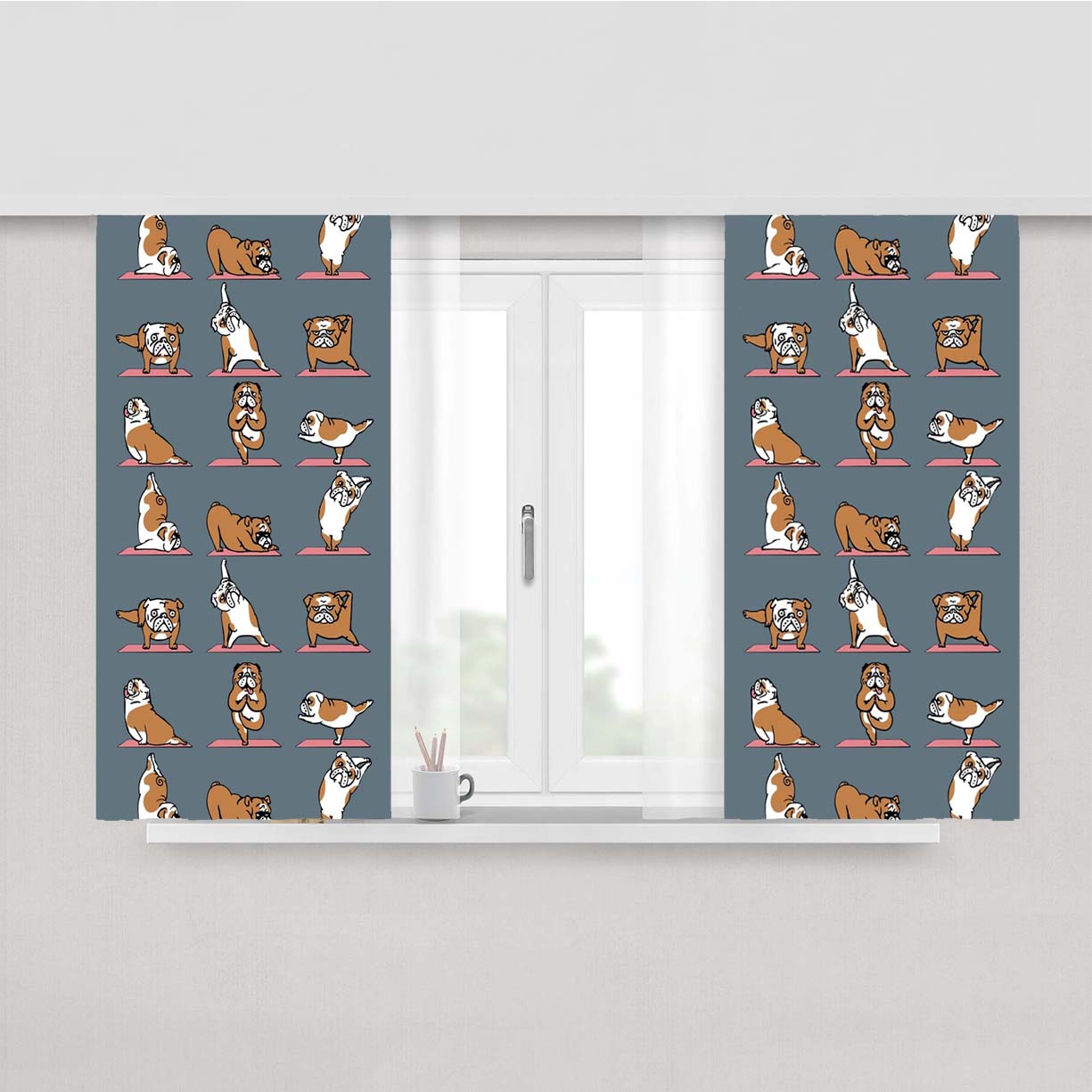 English Bulldog Yoga Pattern Peach Skin Window Curtains