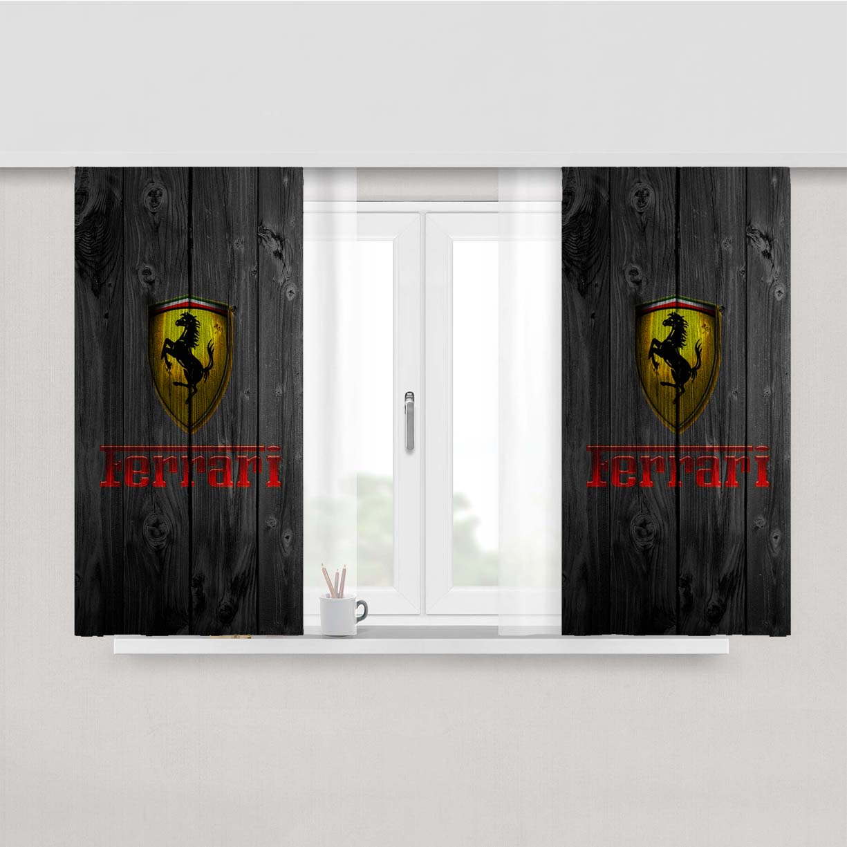 Ferrari Luxury Car Logo Dark Wood Peach Skin Window Curtains