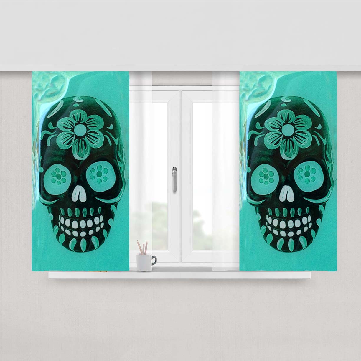 Floral Sugar Skull Turqoise Peach Skin Window Curtains