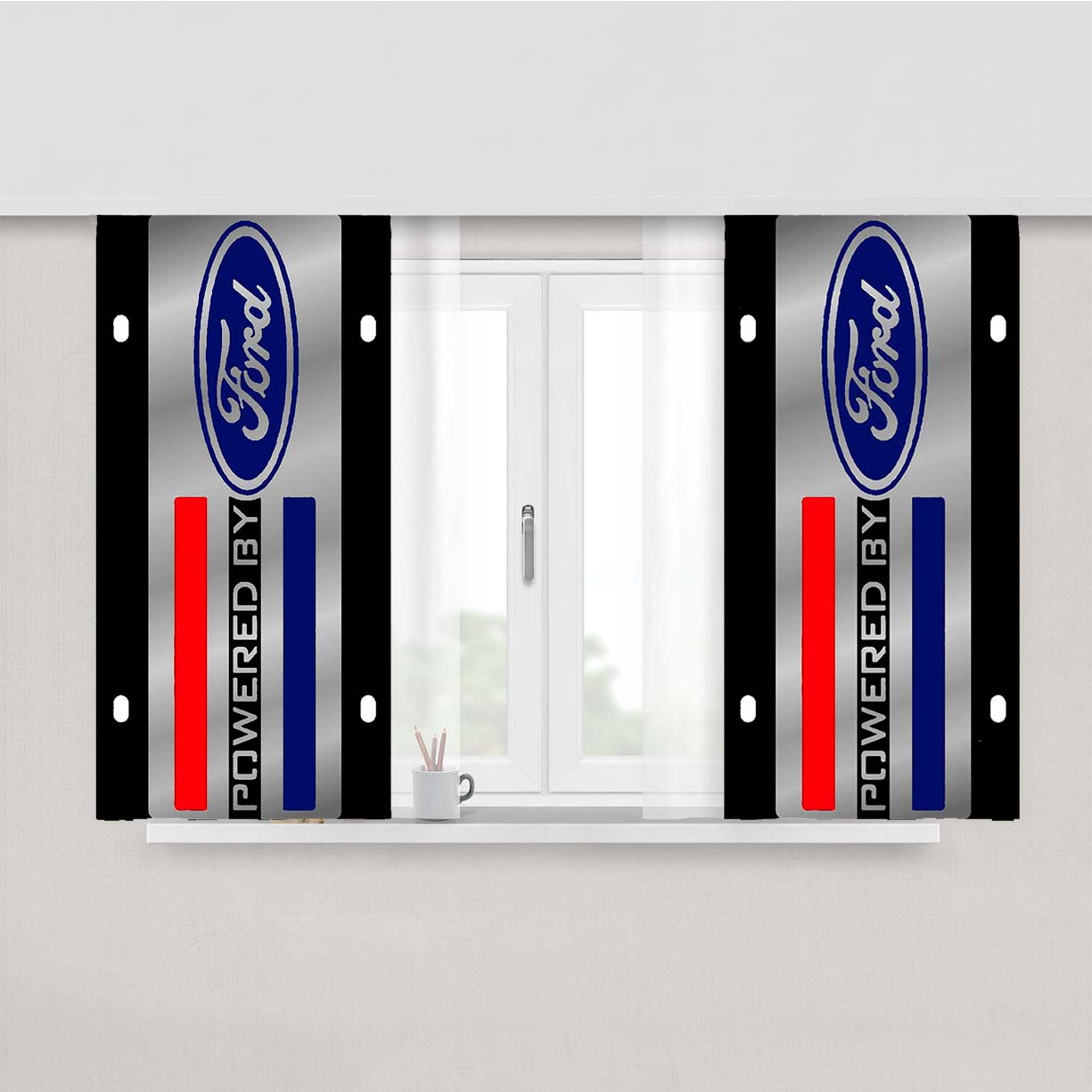 Ford Powered Black Art Plate Peach Skin Window Curtains