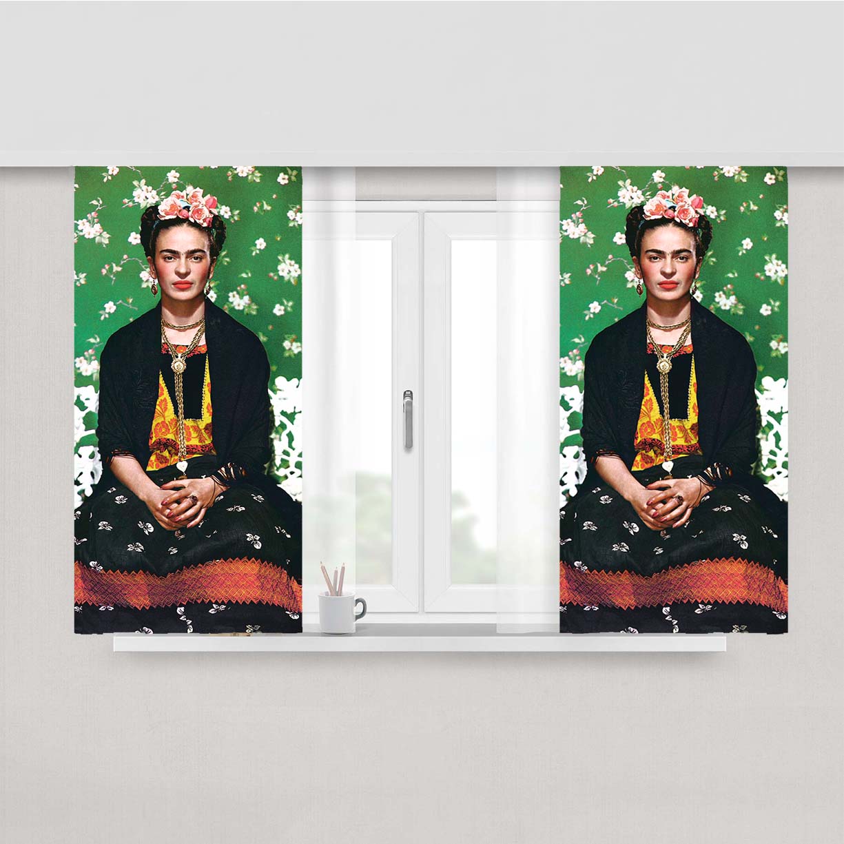 Frida Kahlo Floral Flower Pattern Portrait Art Peach Skin Window Curtains