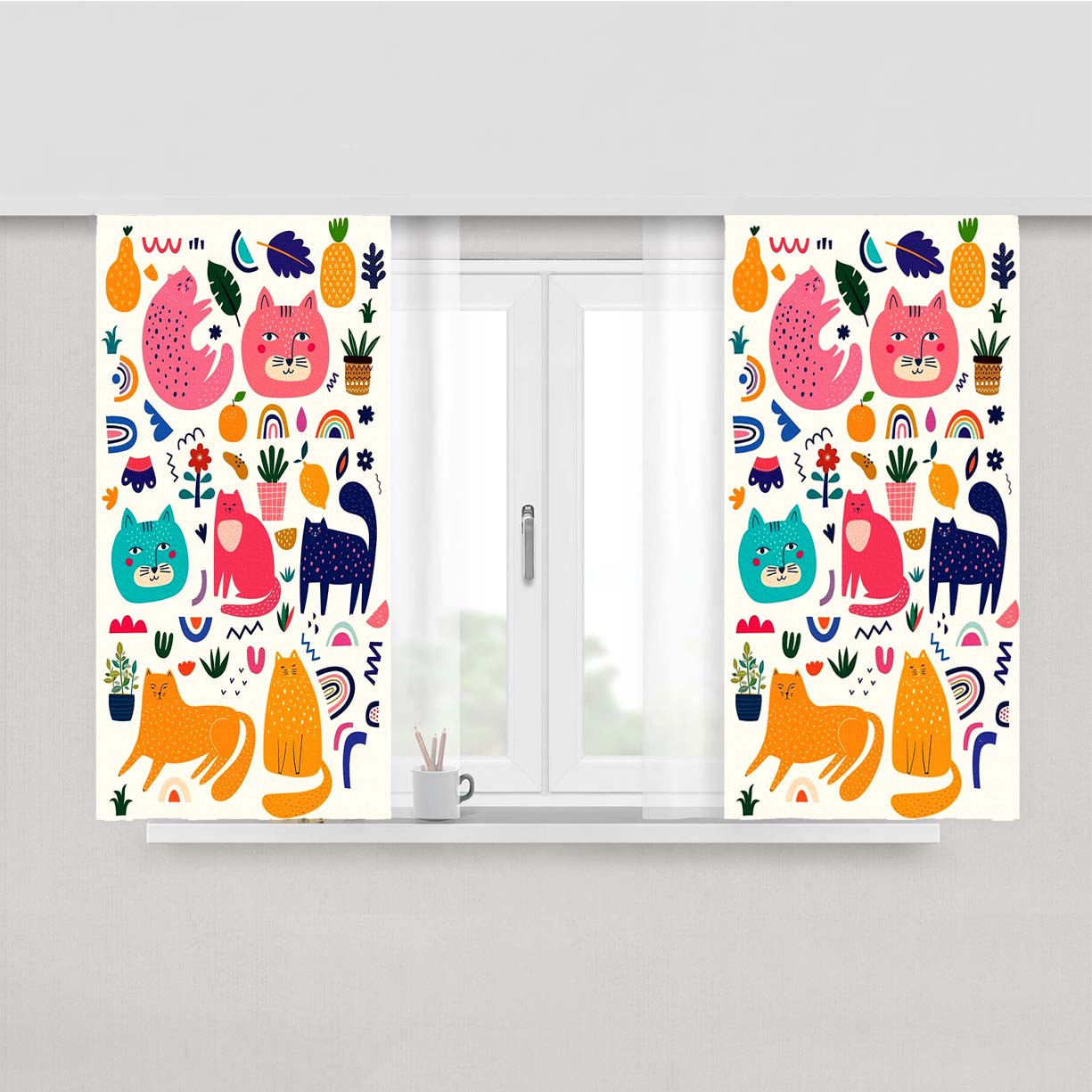 Funny Cat And Fruits Pattern Peach Skin Window Curtains