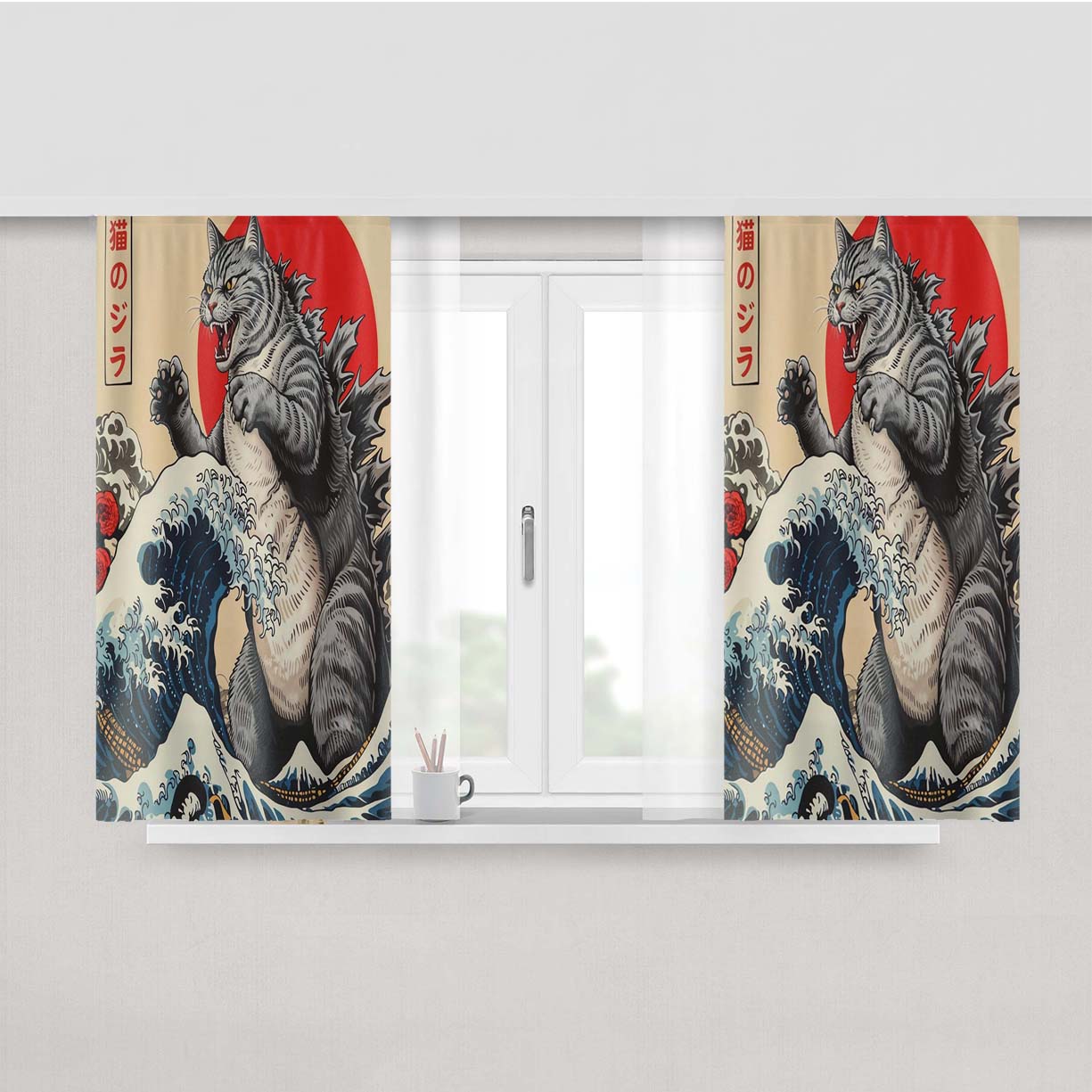 Funny Japanese Catzilla Peach Skin Window Curtains