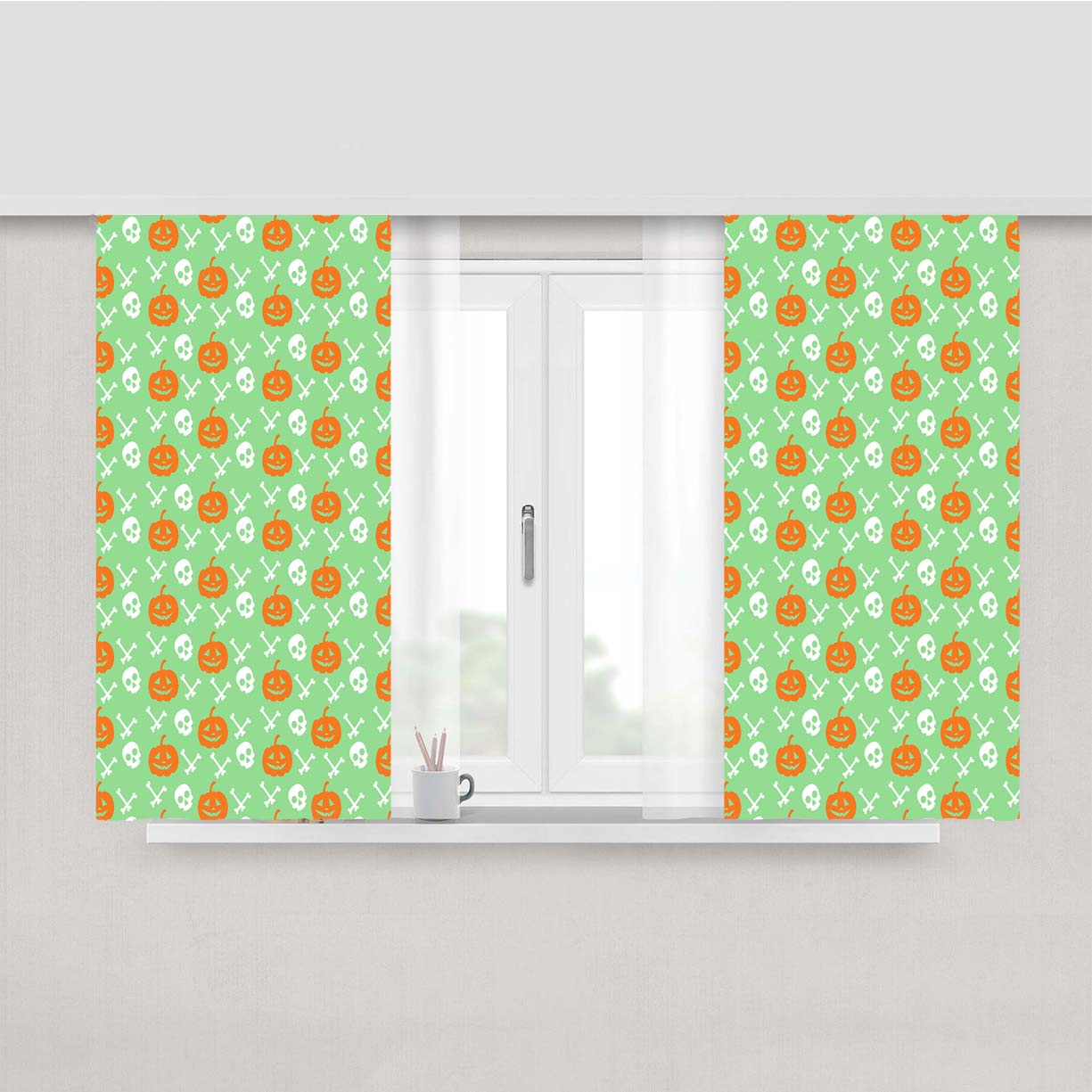 Green Pattern Pumpkins Bone And Head Skeleton Halloween Peach Skin Window Curtains